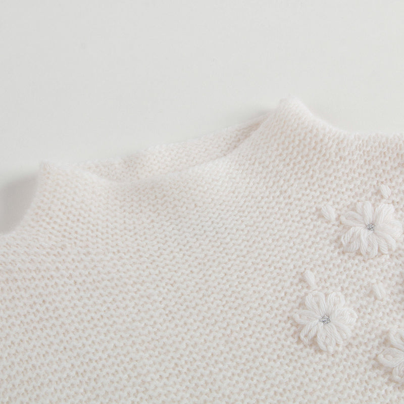 Girls Milk White Wool Sweater With Silver Patch Trims