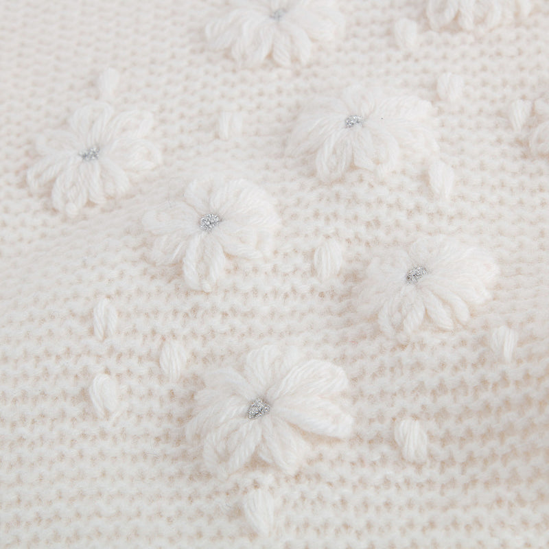 Girls Milk White Wool Sweater With Silver Patch Trims