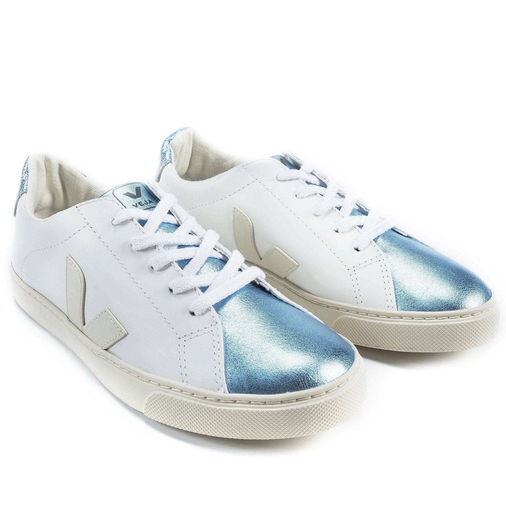 Girls White Leather With White "V" Shoes