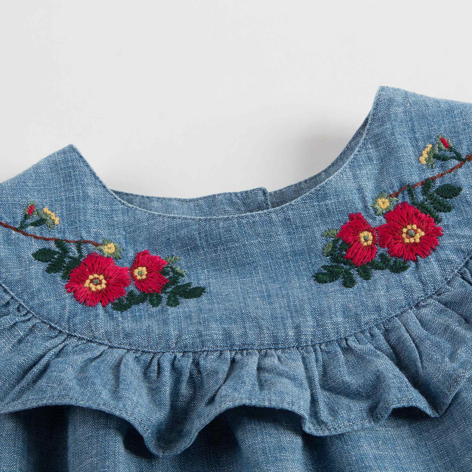 Baby Blue Embroidered Flower Trims Dress