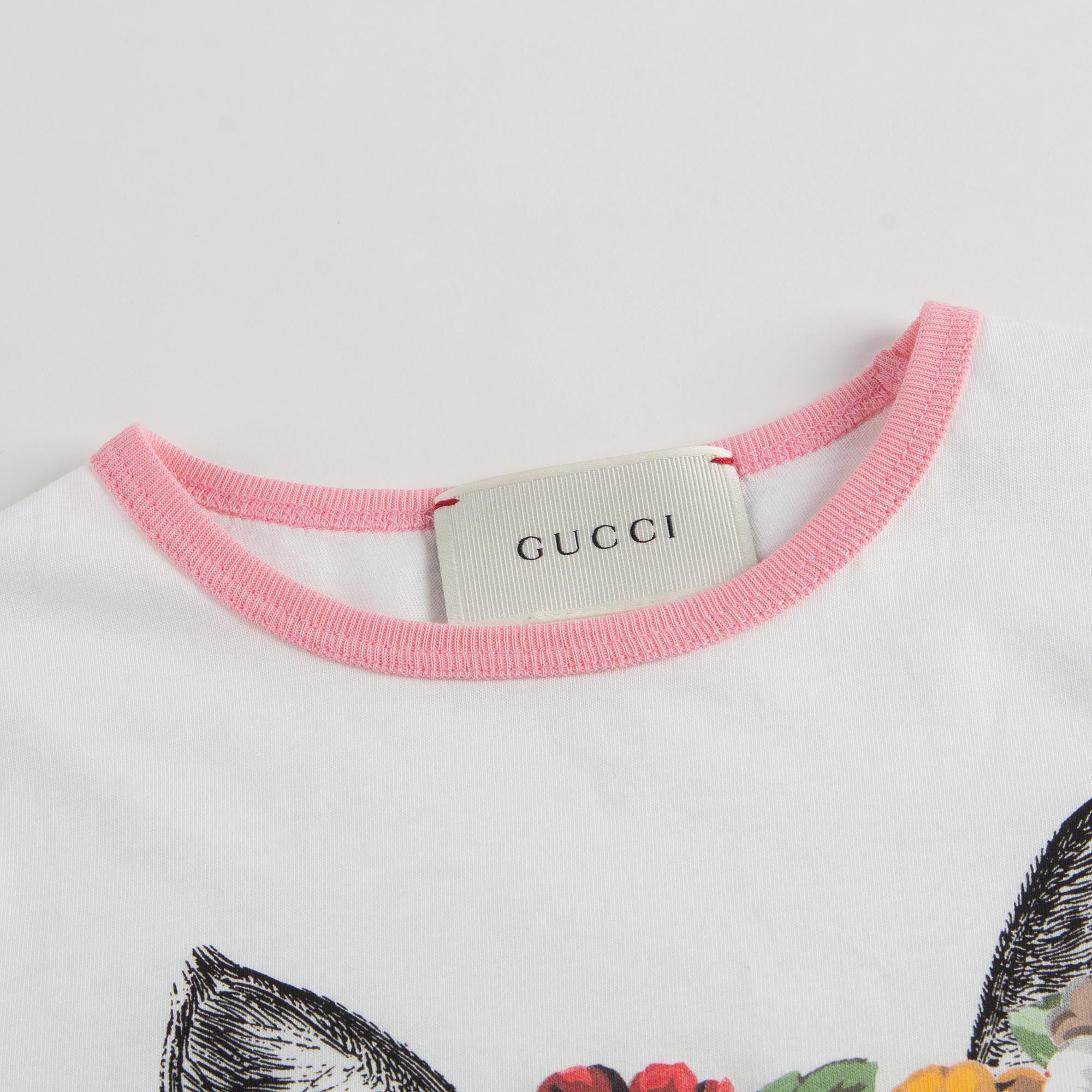 Girls White Cat Printed Trims Cotton T-Shirt