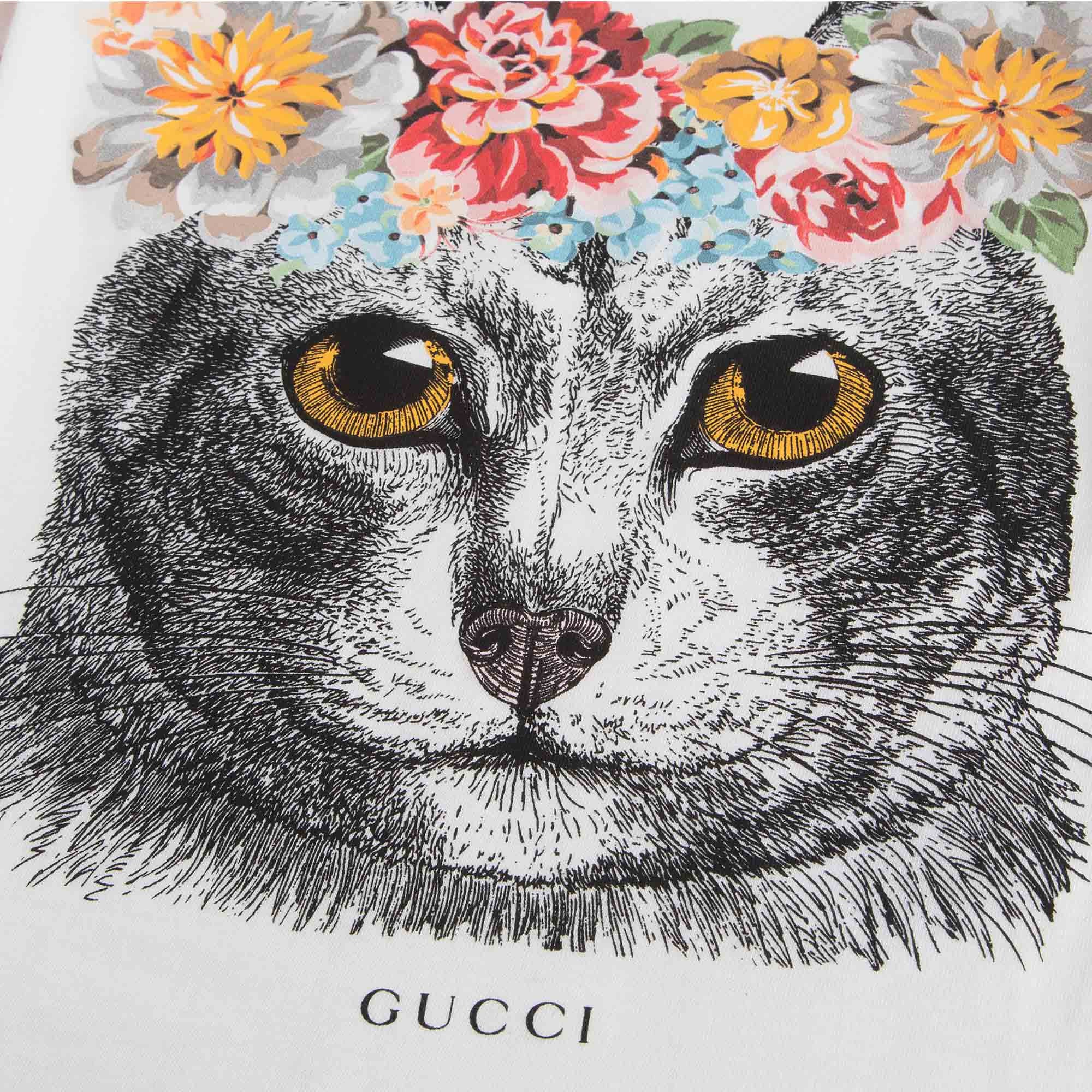 Girls White Cat Printed Trims Cotton T-Shirt