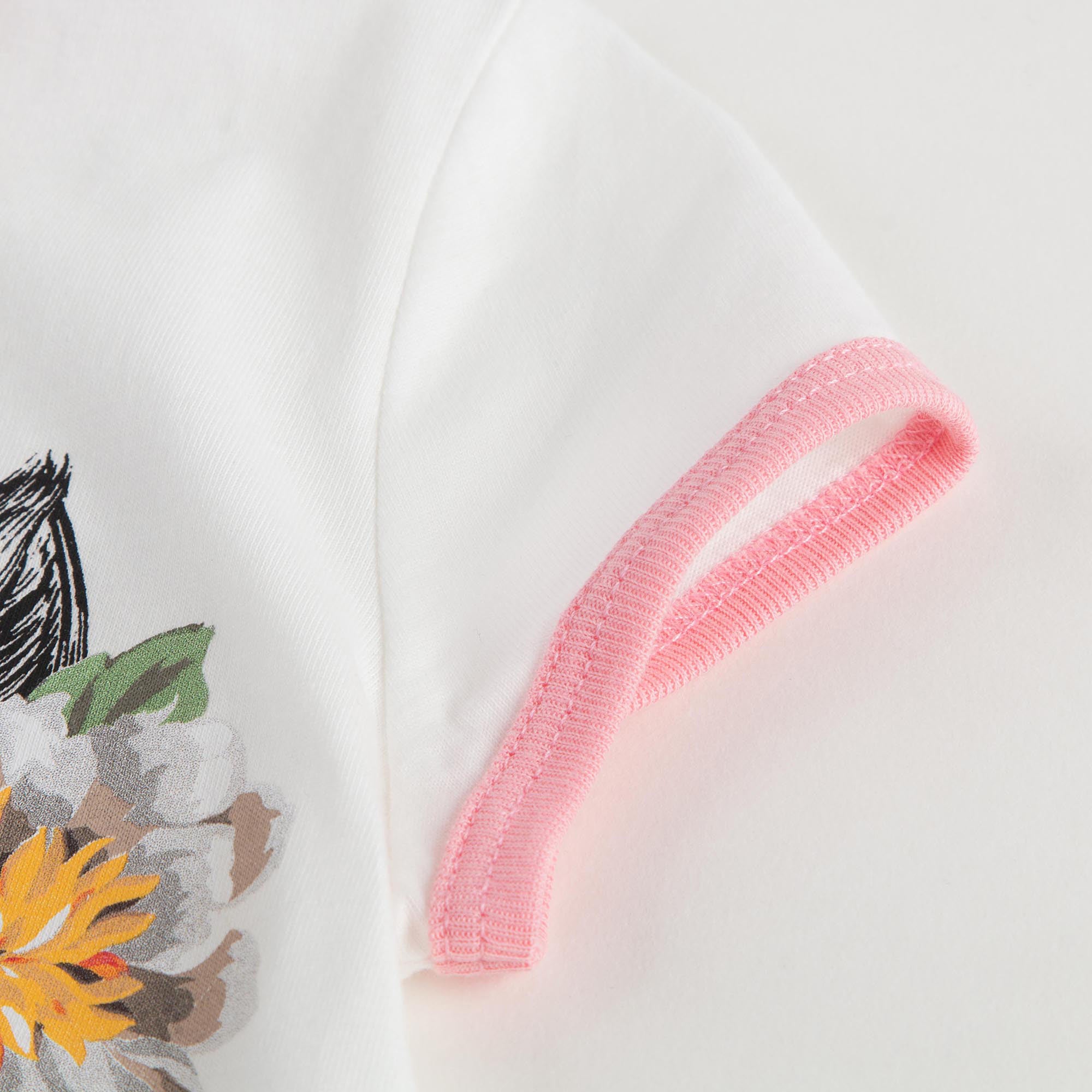 Girls White Cat Printed Trims Cotton T-Shirt