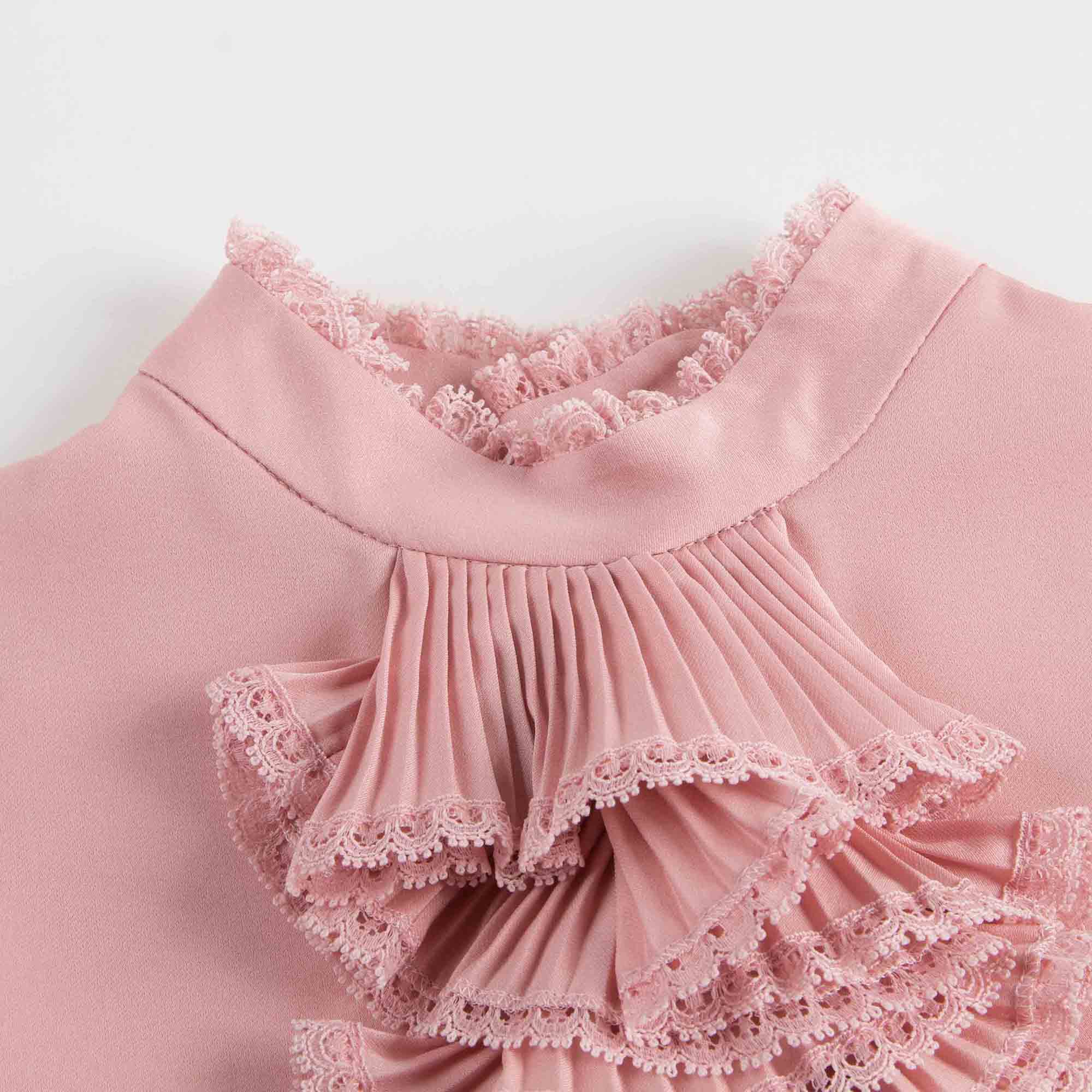 Girls Light Pink Ruffled Trims Silk Shirt
