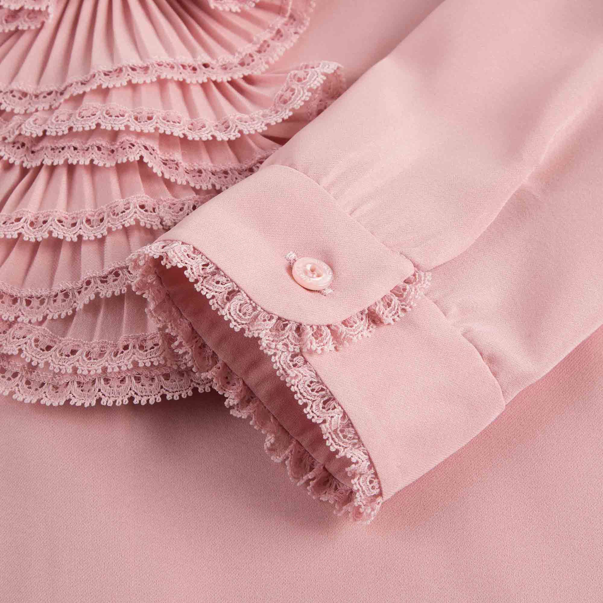 Girls Light Pink Ruffled Trims Silk Shirt