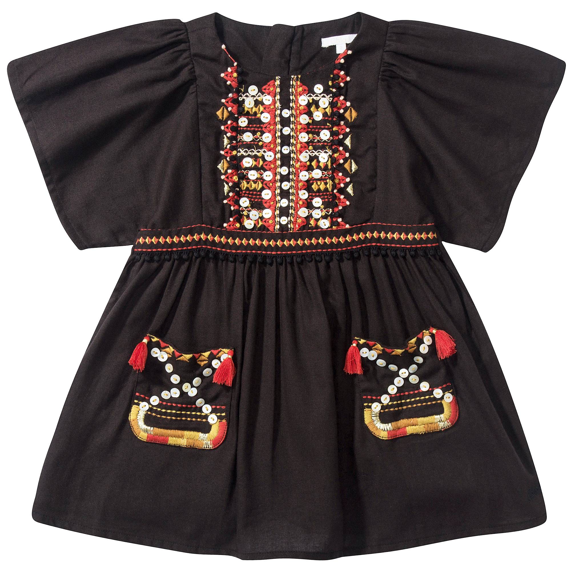 Girls Black Embroidered  Cotton Dress