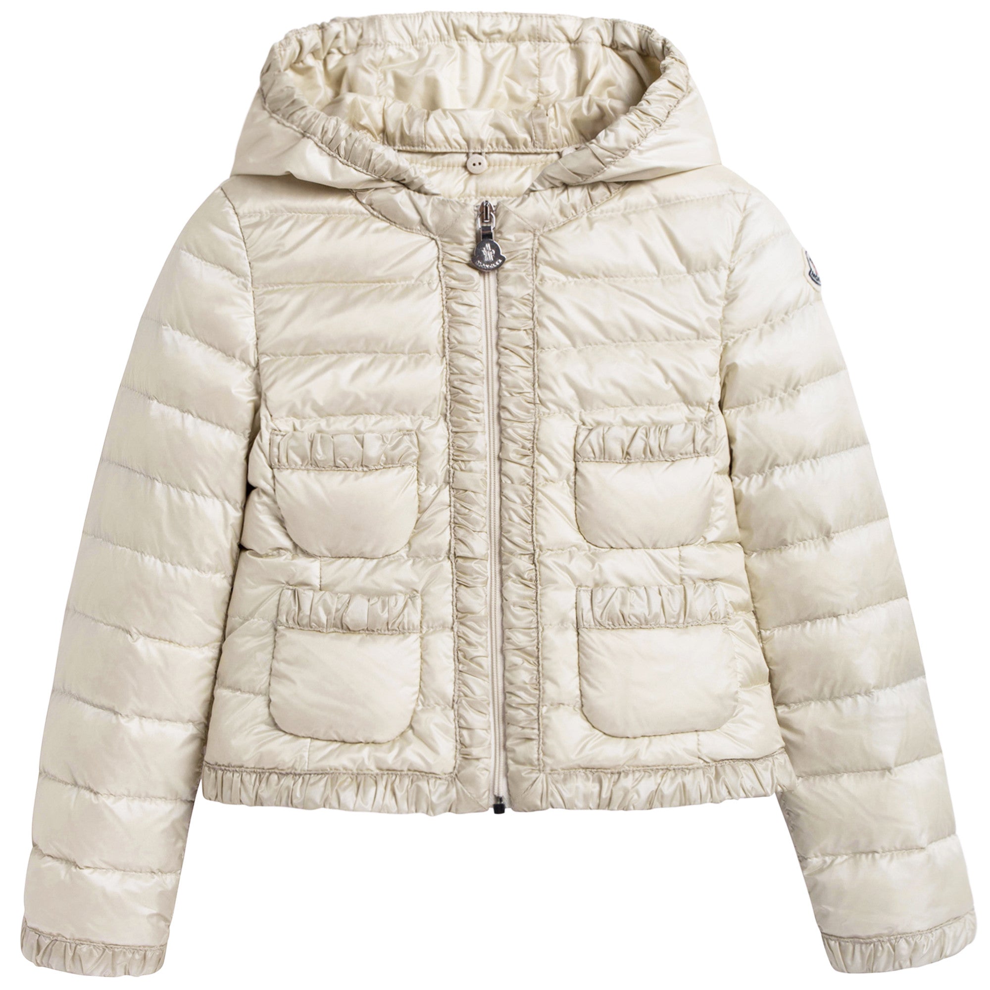 Girls Milk White Down Padded Hooded 'Flavienne' Jacket With Frilly Cuffs