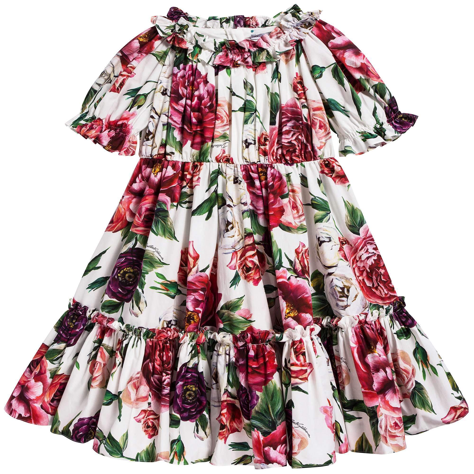 Girls White Rose Printed Cotton Short Sleeves Dress