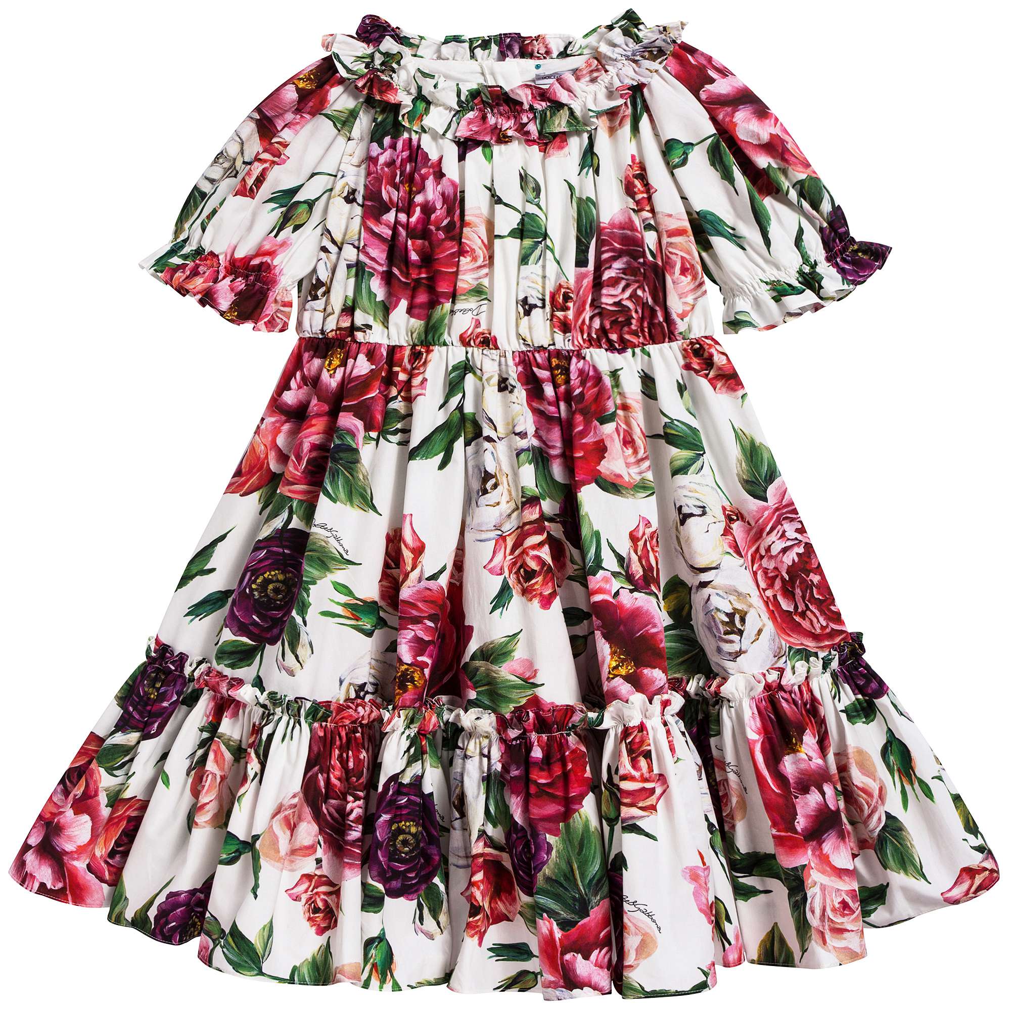 Girls White Rose Printed Cotton Short Sleeves Dress
