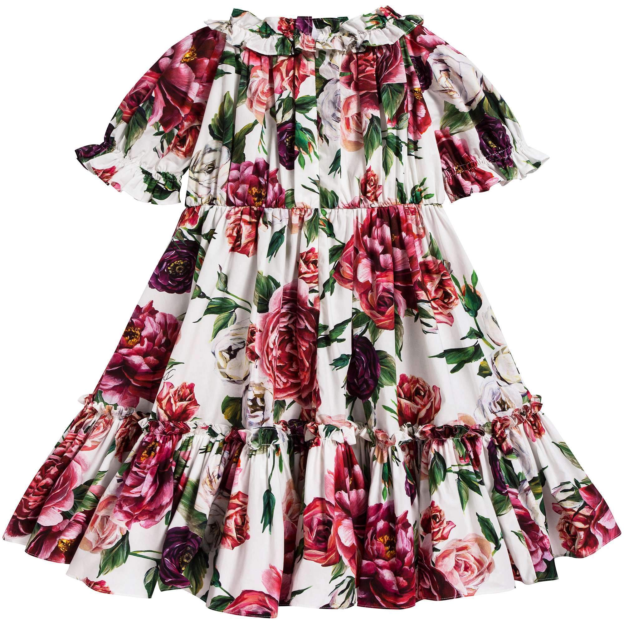 Girls White Rose Printed Cotton Short Sleeves Dress