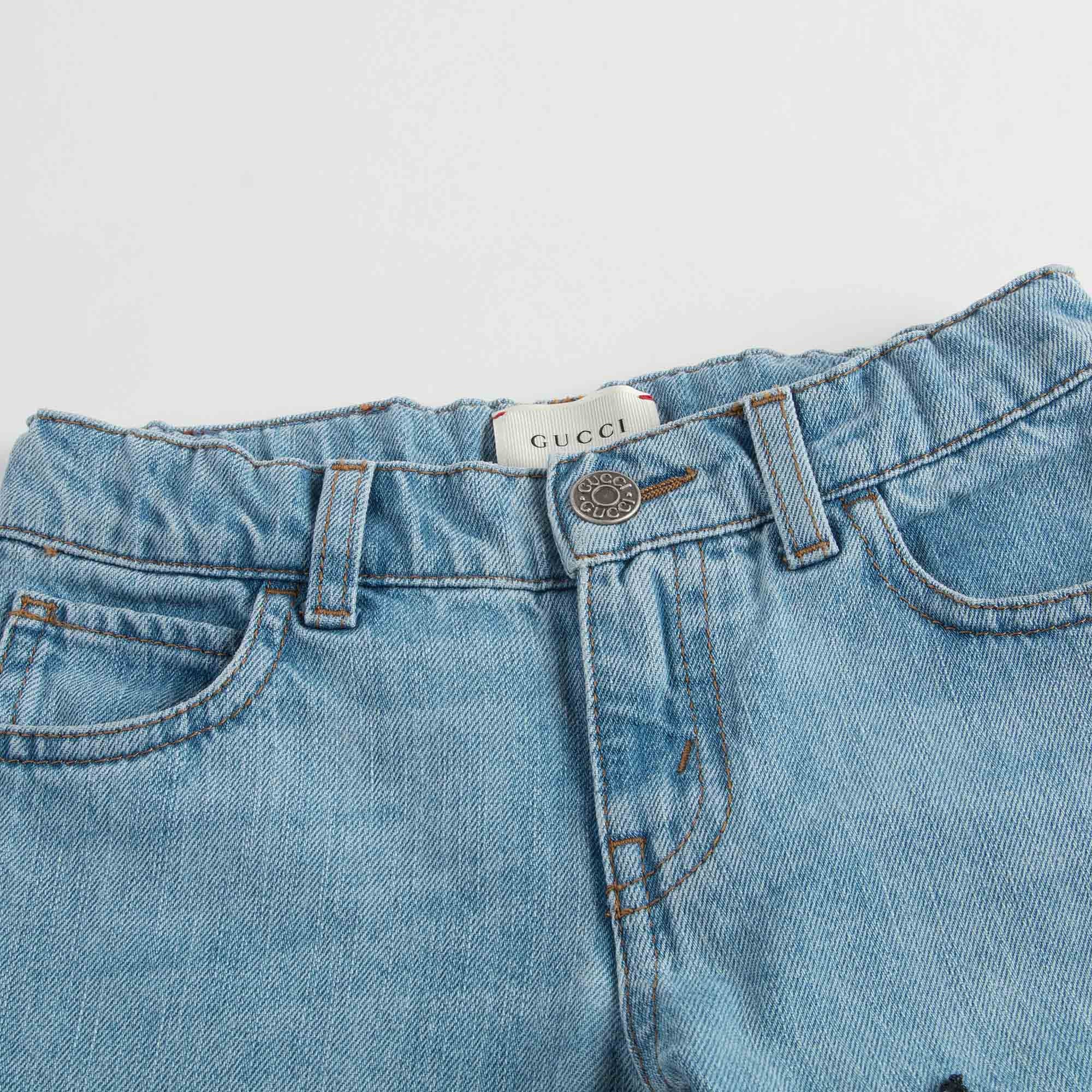 Girls Light Blue Denim Butterfly Embroidered Trims Jeans