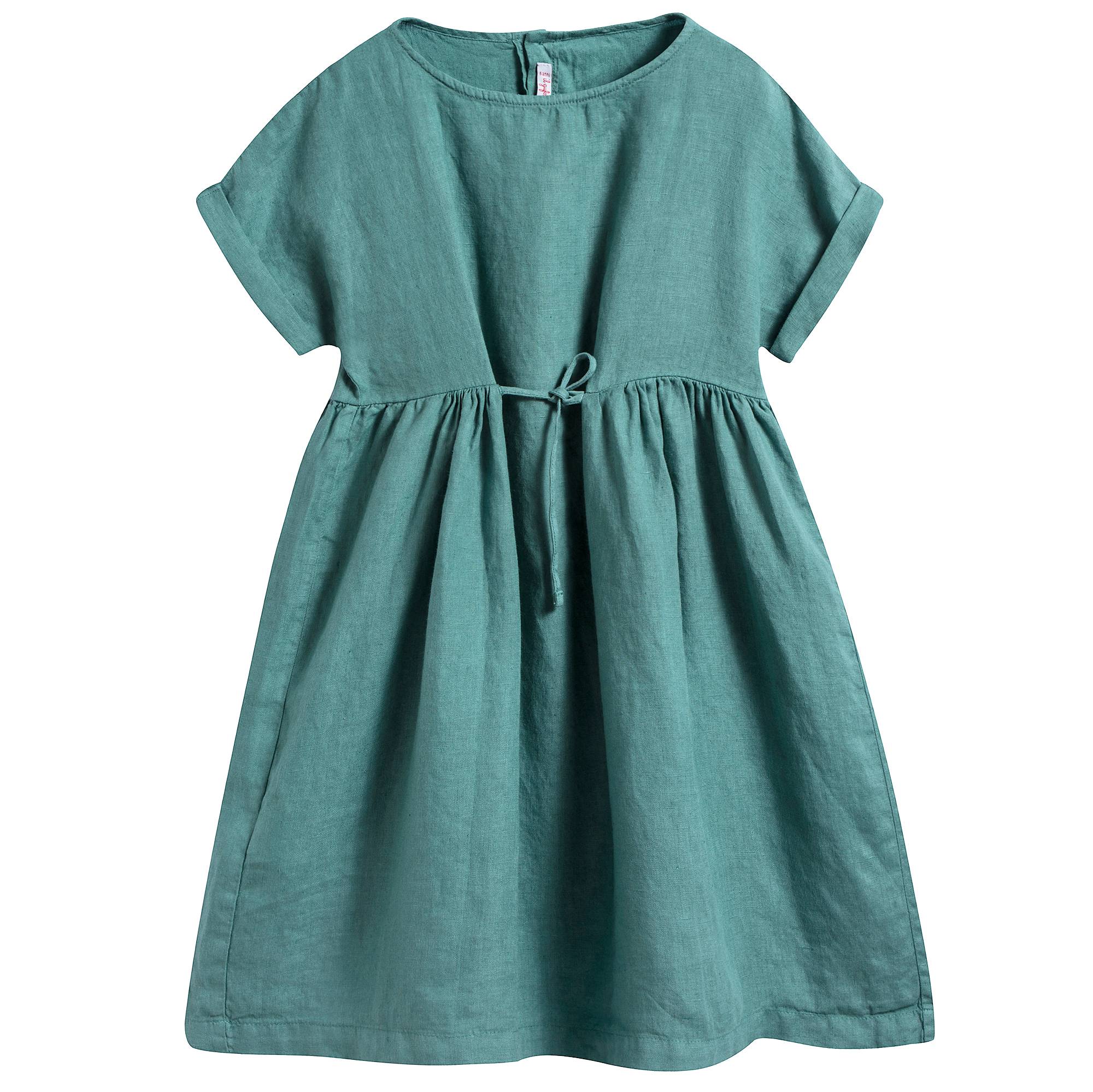 Girls White Sage Green Linen Dress