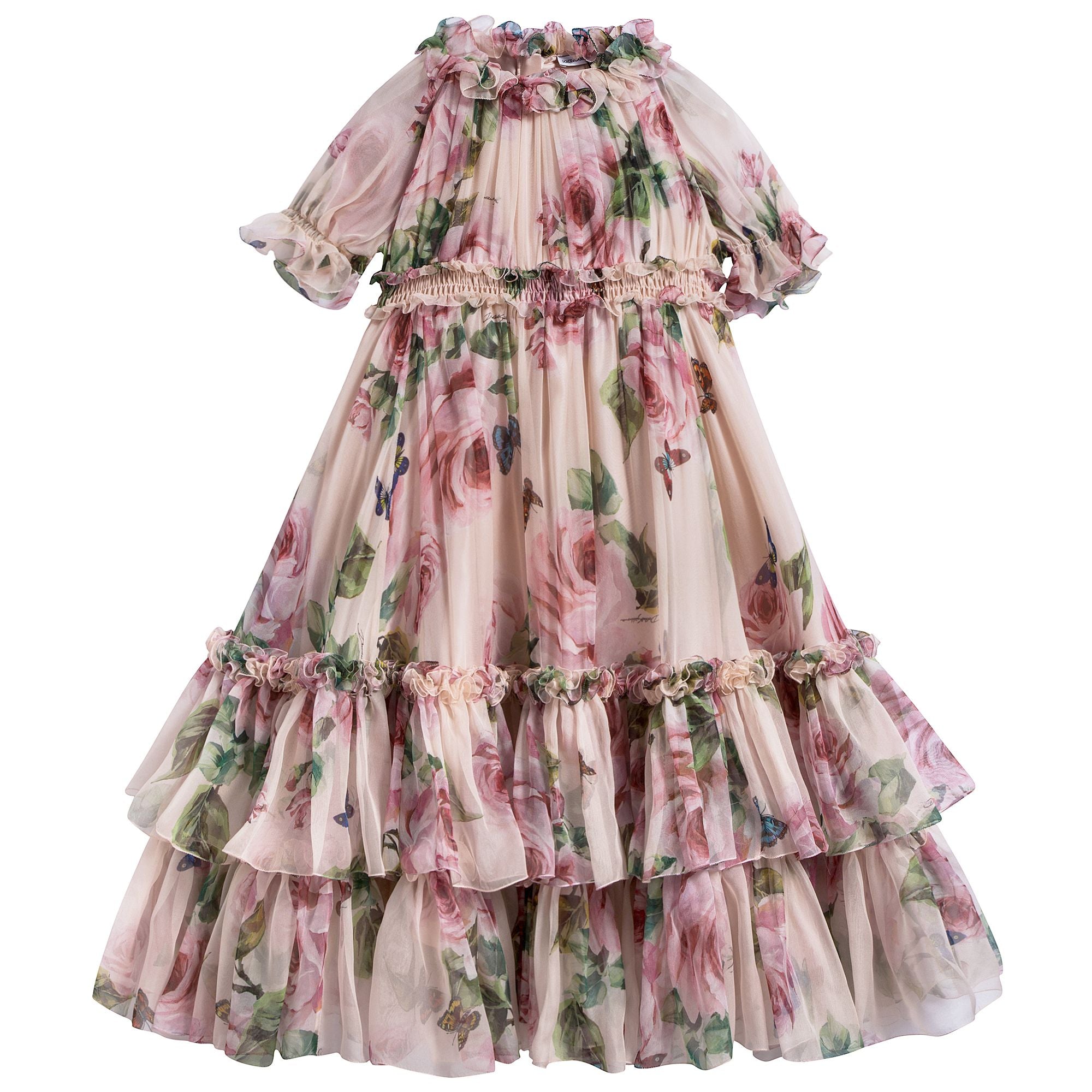 Girls Pink Rose Silk Chiffon Dress