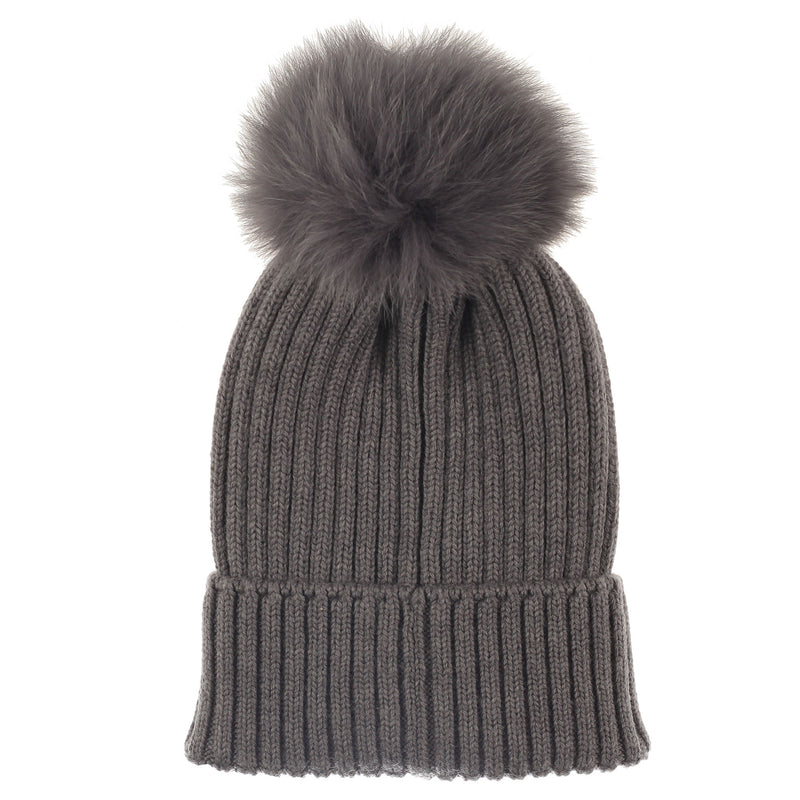 Boys & Girls Grey Knitted Hat With Fur Pom-Pom Trims - CÉMAROSE | Children's Fashion Store - 2