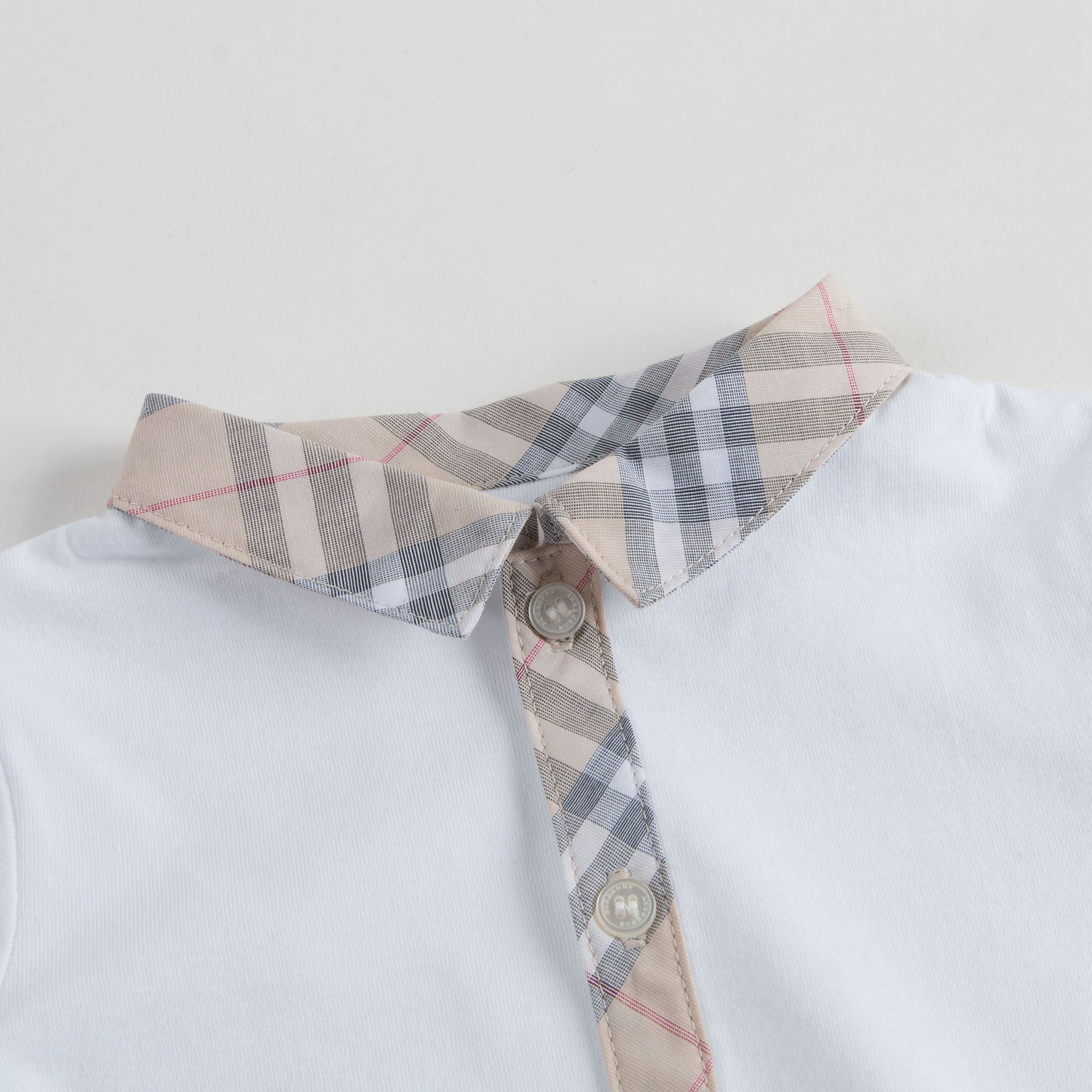 Baby White Bodysuits With Beige Check Collar