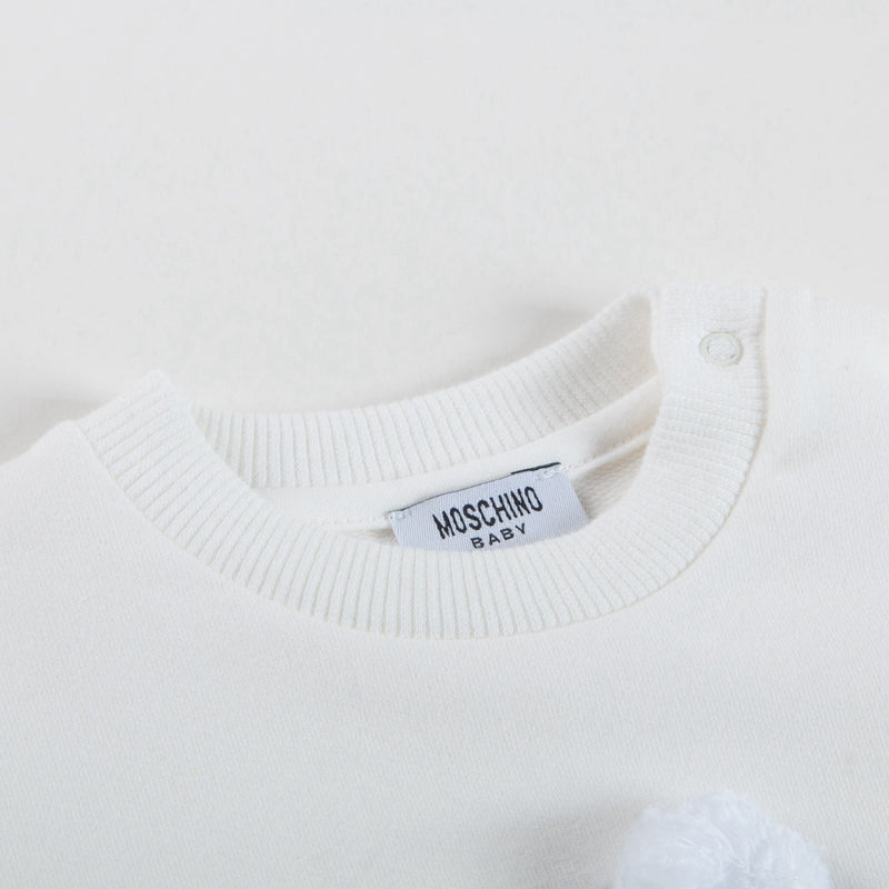 Baby White Cotton Sweatshirt With Pom-Pom Trim