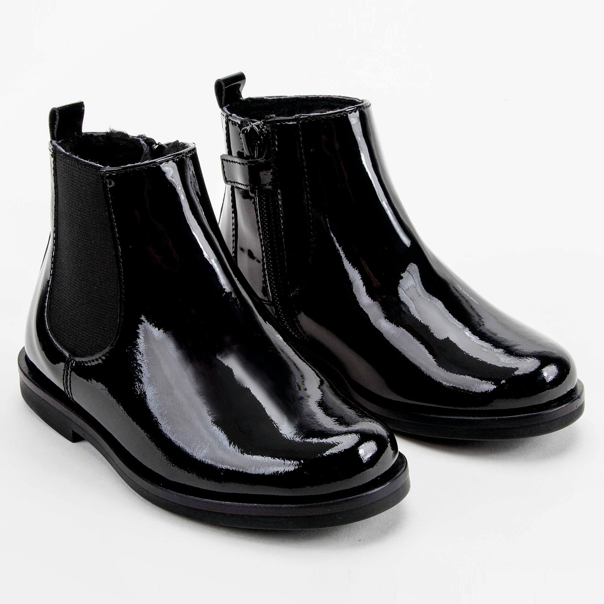 Girls Black Patent Leather Ankle Boots With Wool