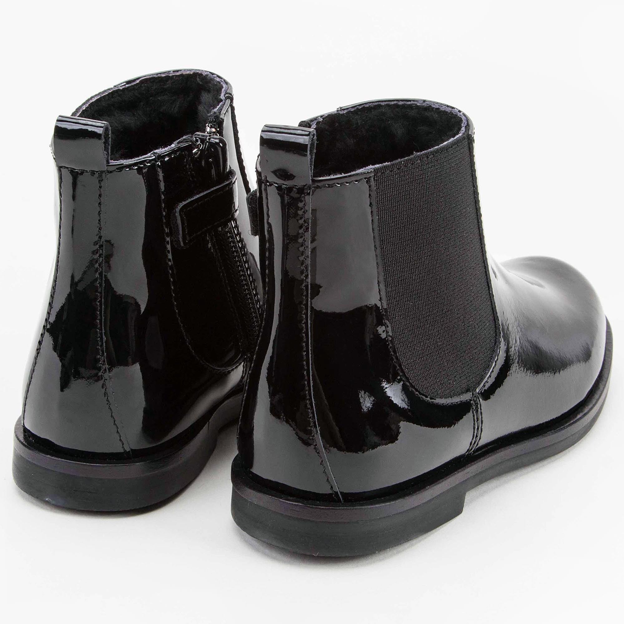 Girls Black Patent Leather Ankle Boots With Wool
