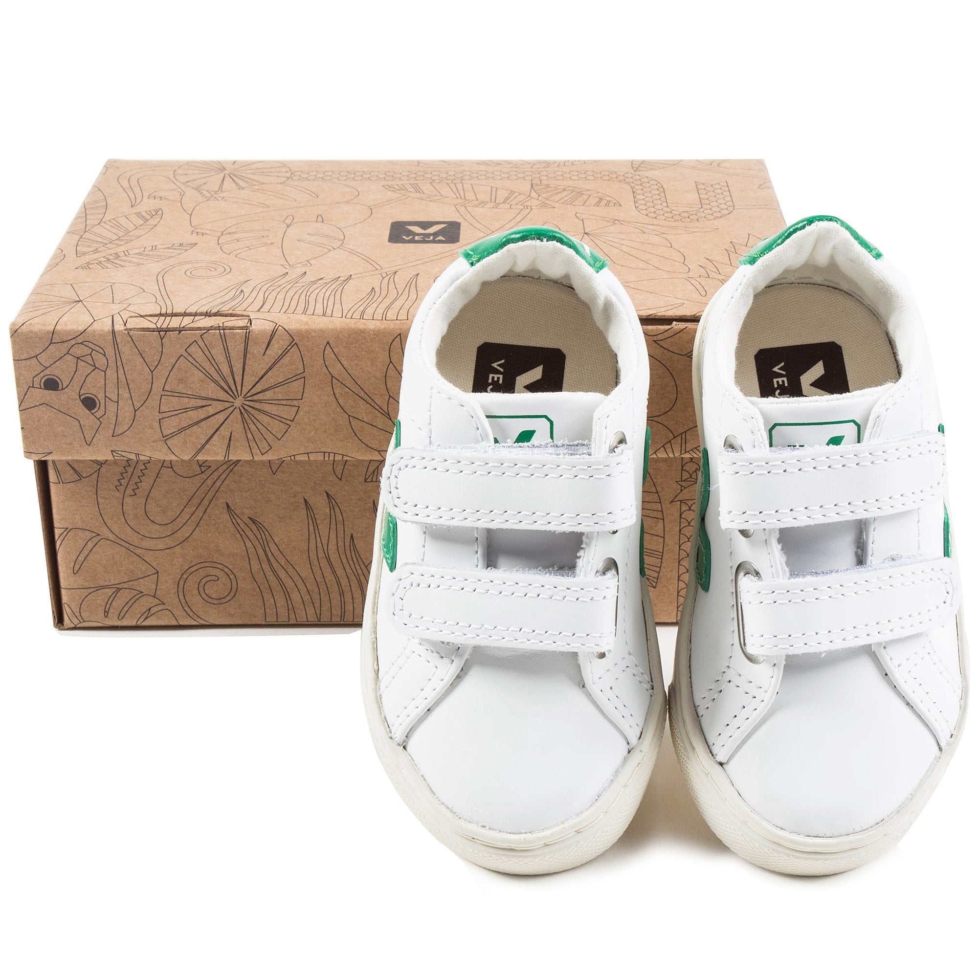 Girls  &  Boys   White  Leather  Velcro With  Green  "V"  Shoes