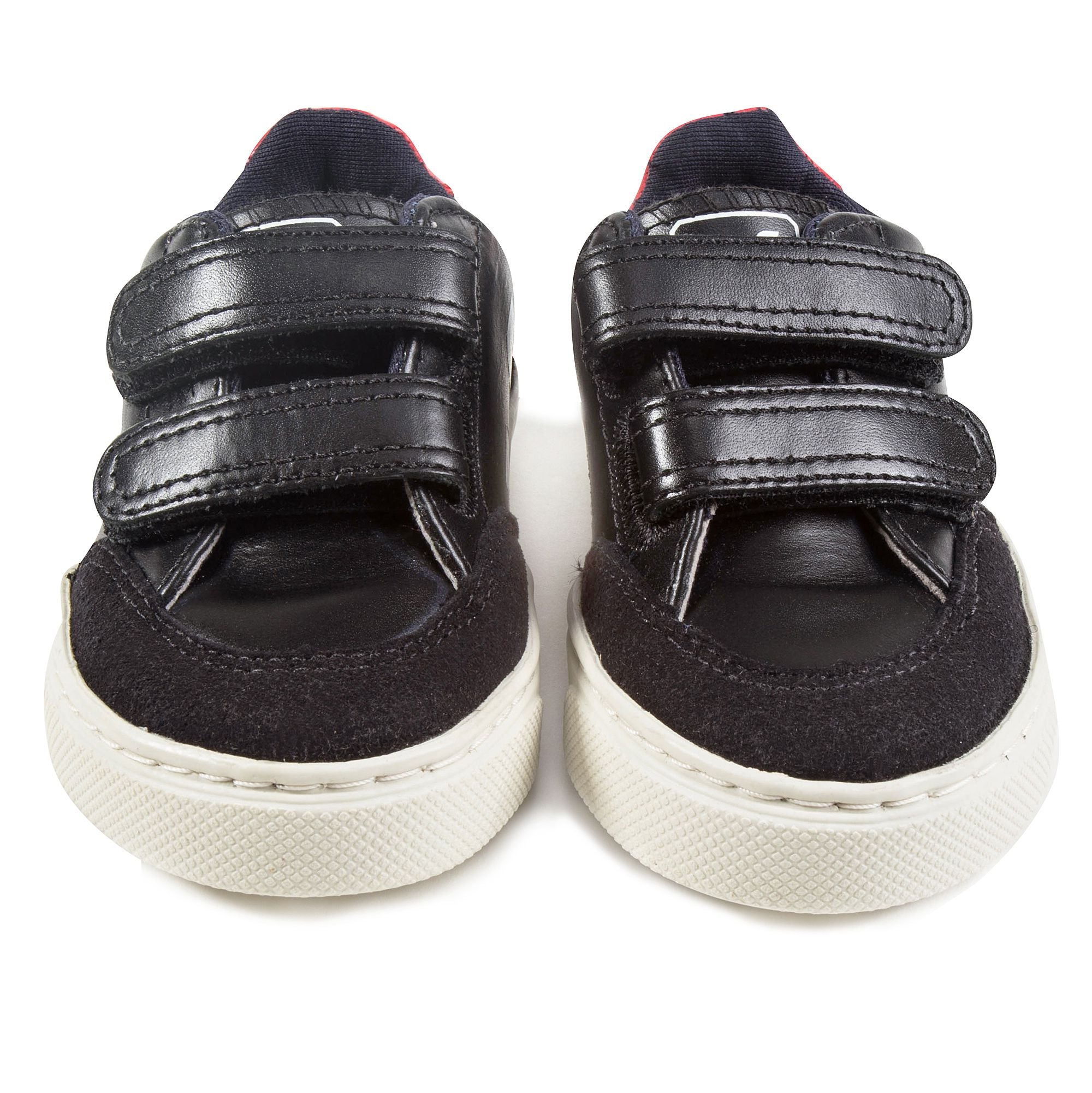 Baby  Boys  Black   Leather Velcro   With  White  "V" Shoes