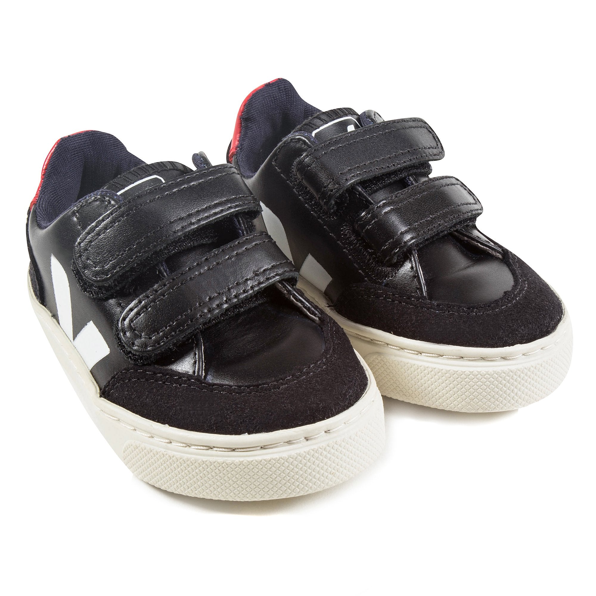 Boys  Navy  Blue   Leather Velcro   With   Red  "V" Shoes