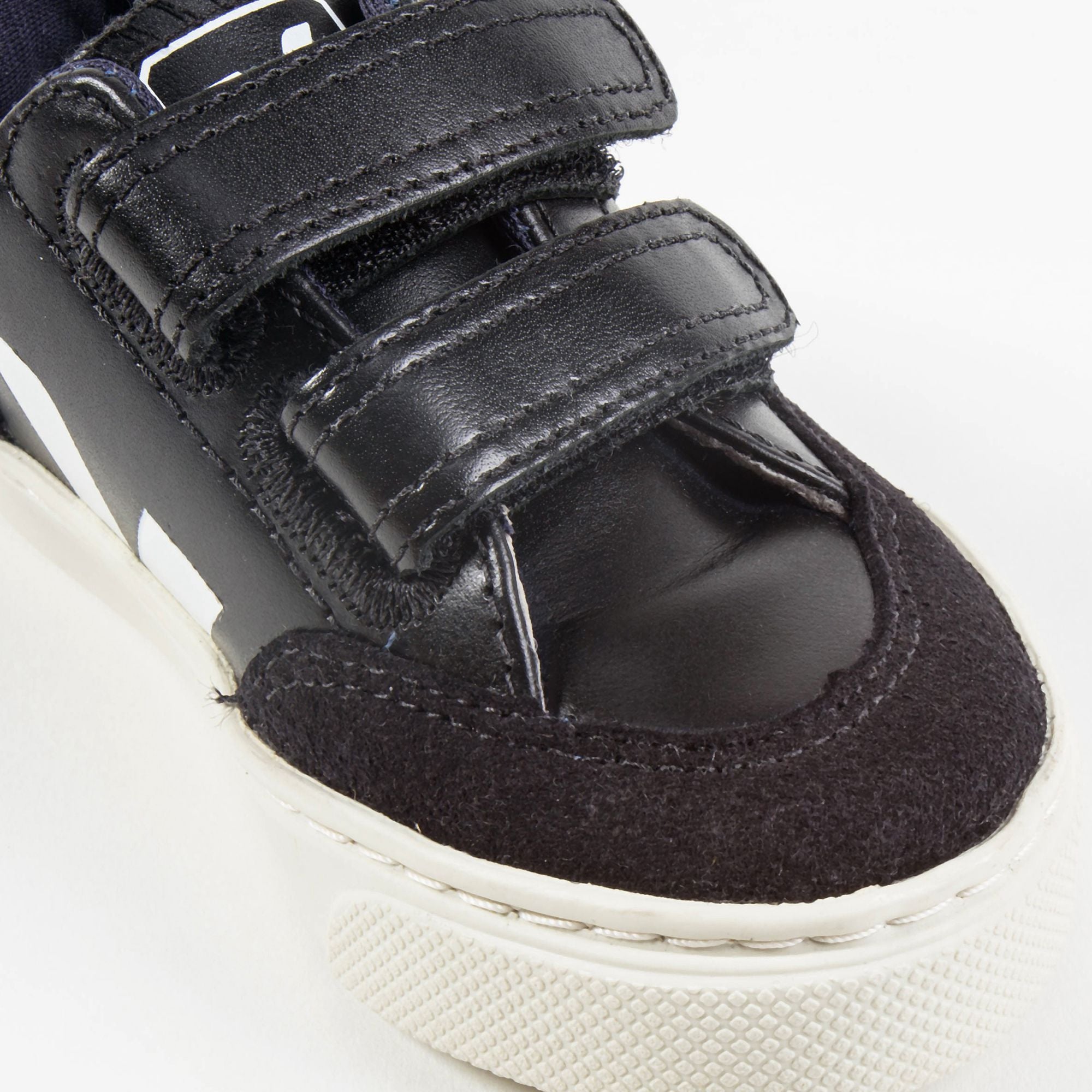 Baby  Boys  Black   Leather Velcro   With  White  "V" Shoes