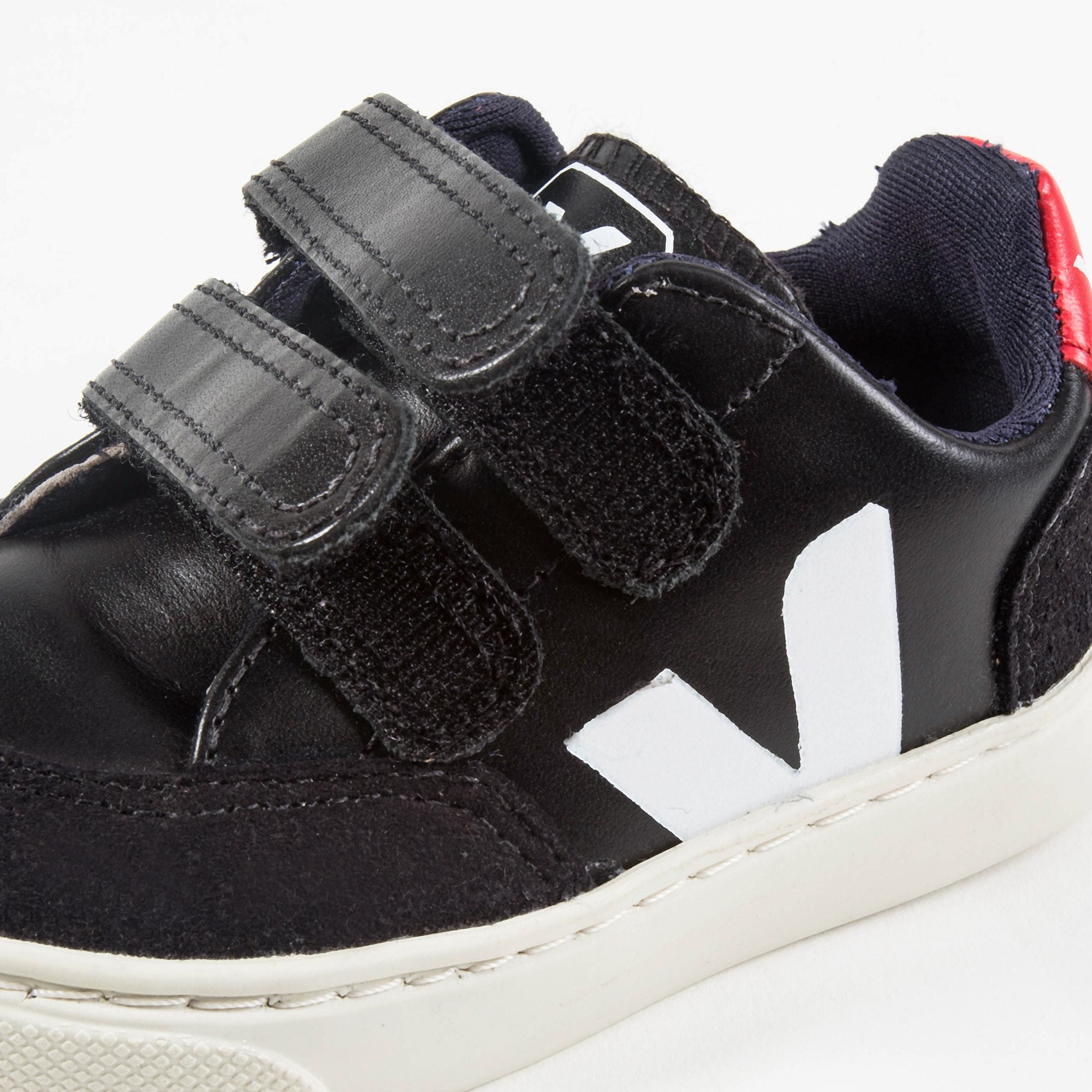 Baby  Boys  Black   Leather Velcro   With  White  "V" Shoes