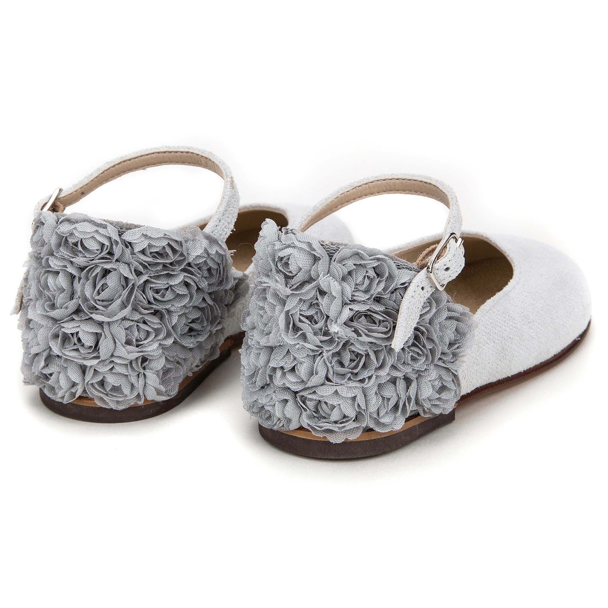 Girls Grey Chiffon Flowers Embellished Heel Leather Ballerinas
