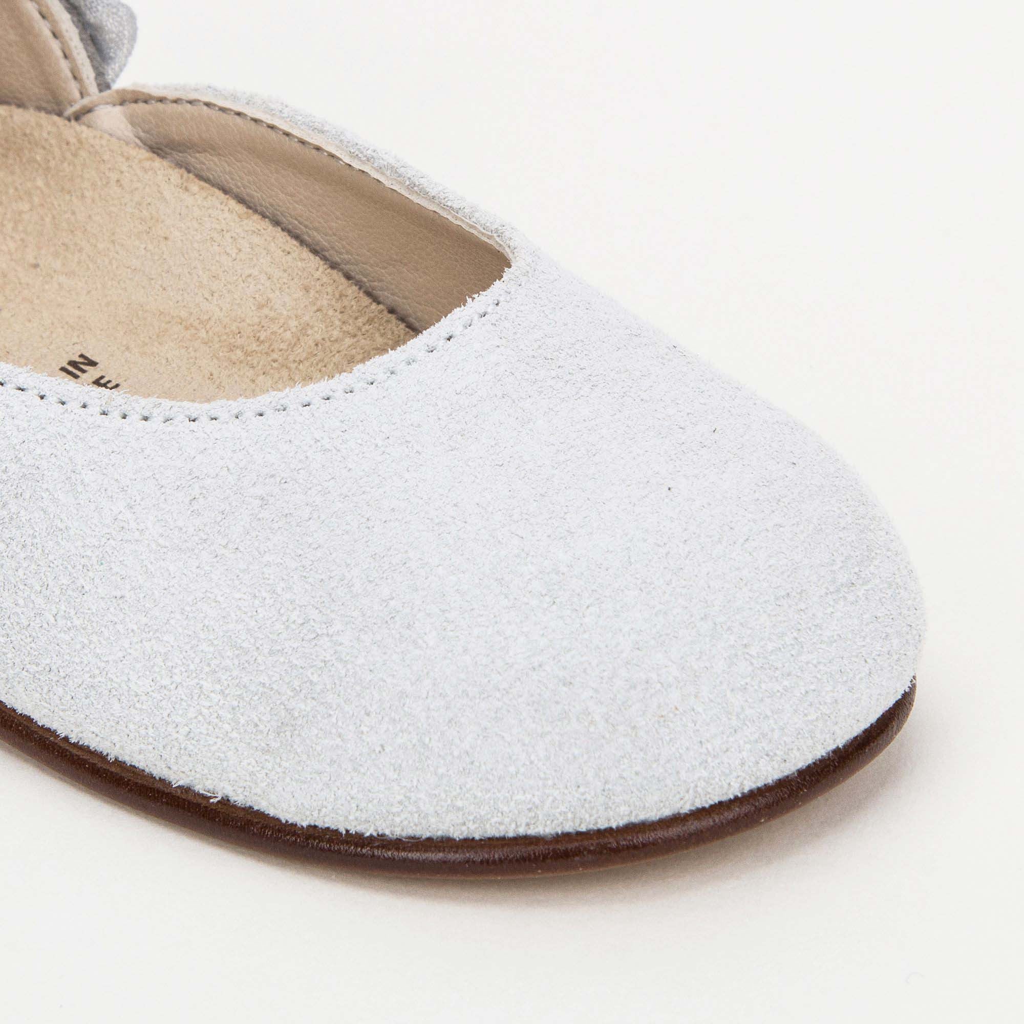 Girls Grey Chiffon Flowers Embellished Heel Leather Ballerinas