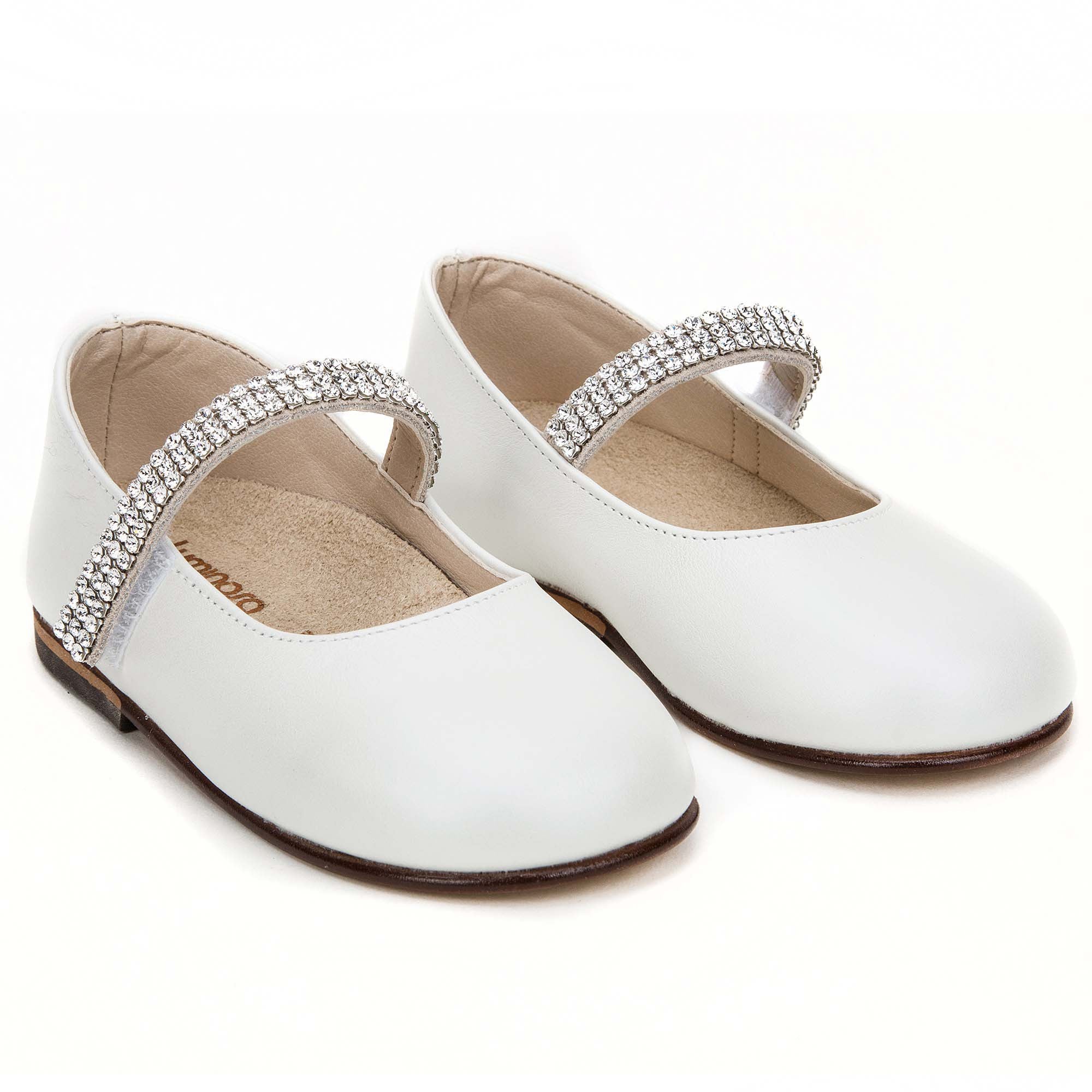 Baby Girls Ivory Leather Shoes With White Diamond Trims
