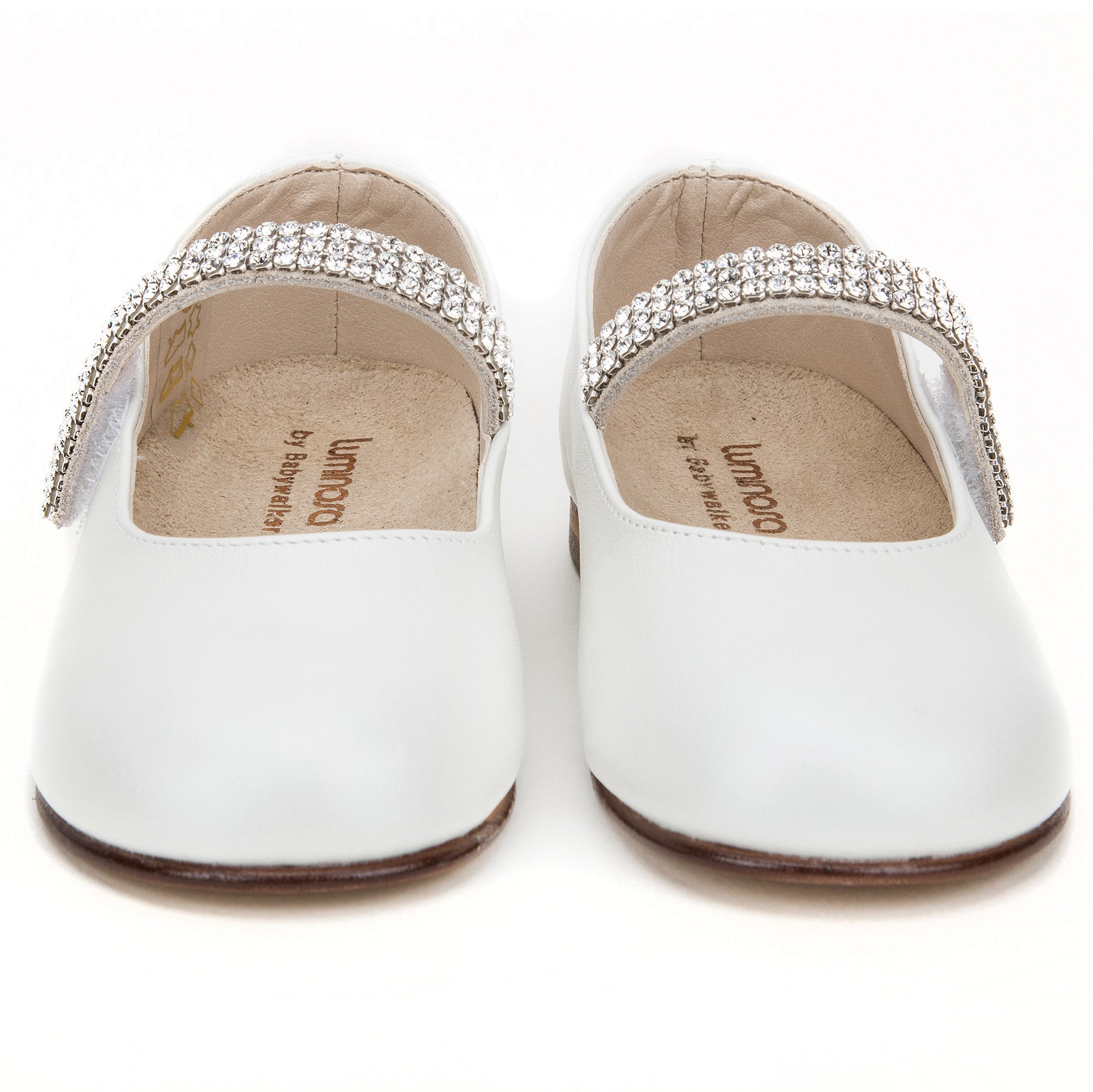 Baby Girls Ivory Leather Shoes With White Diamond Trims