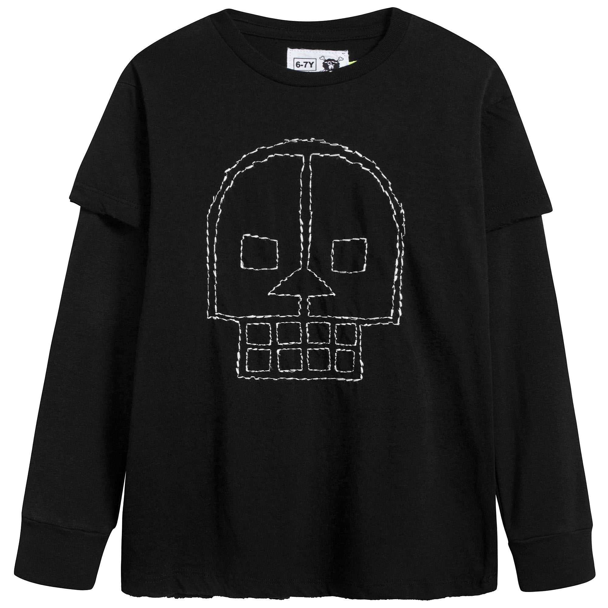 Boys Black Cotton Embroidered Skull T-shirt