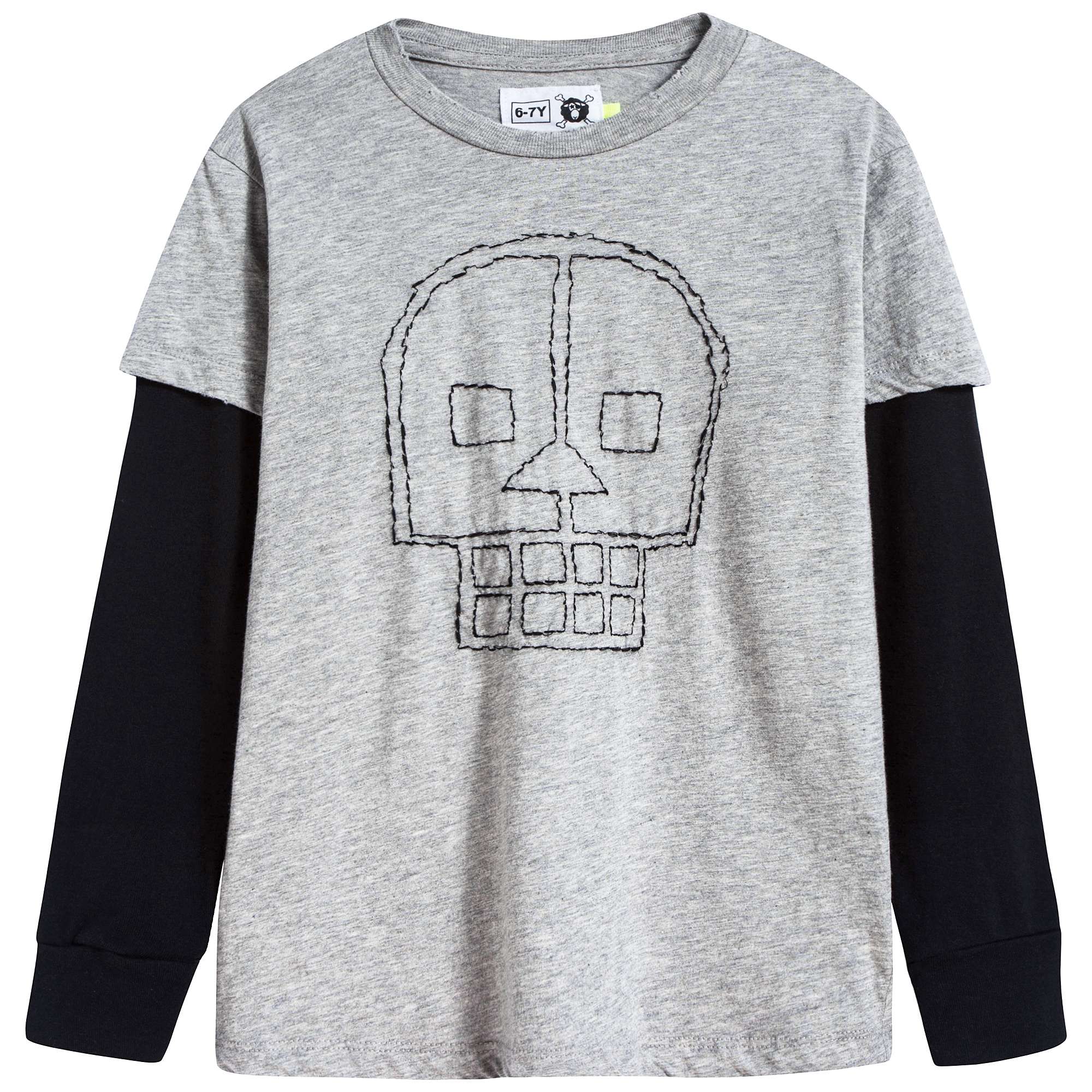 Boys Heather Grey Cotton Embroidered Skull T-shirt