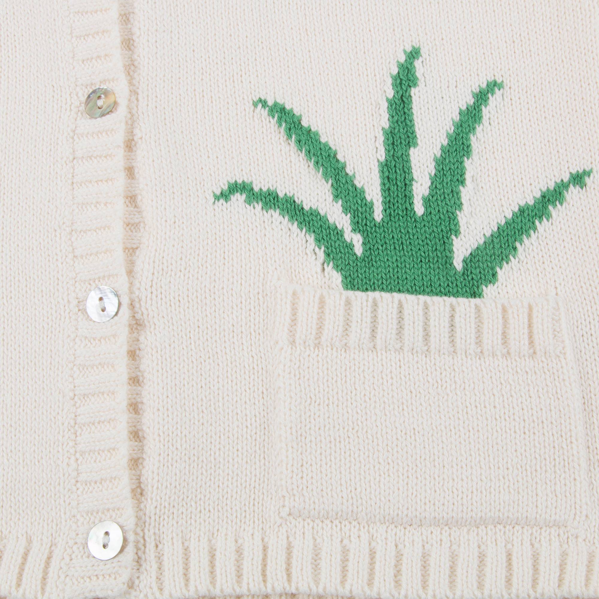 Girls White & Green Cotton Plant Pocket Cardigan