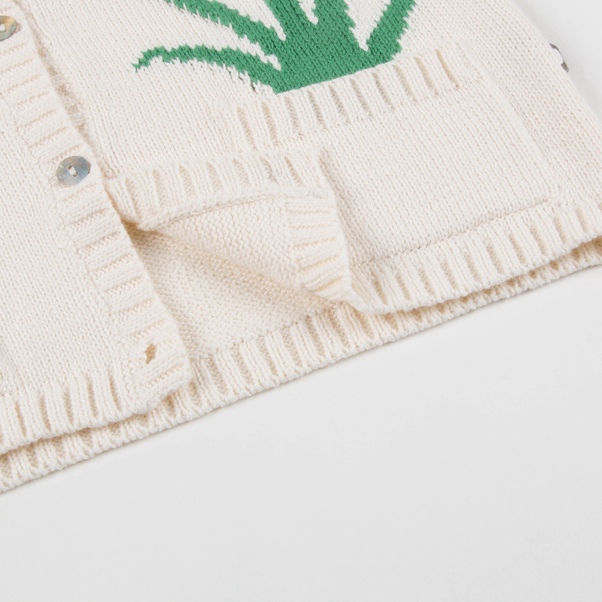 Girls White & Green Cotton Plant Pocket Cardigan