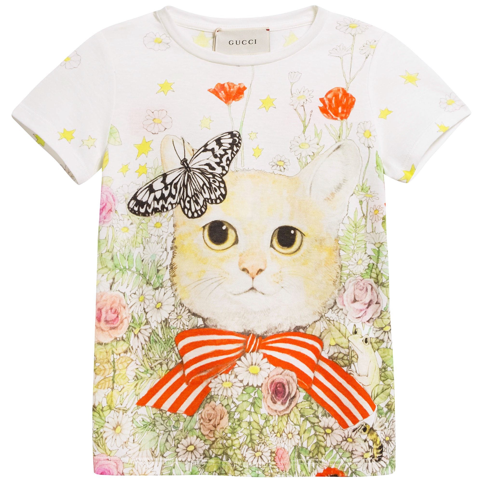 Girls White Multicolor Cat T-shirt