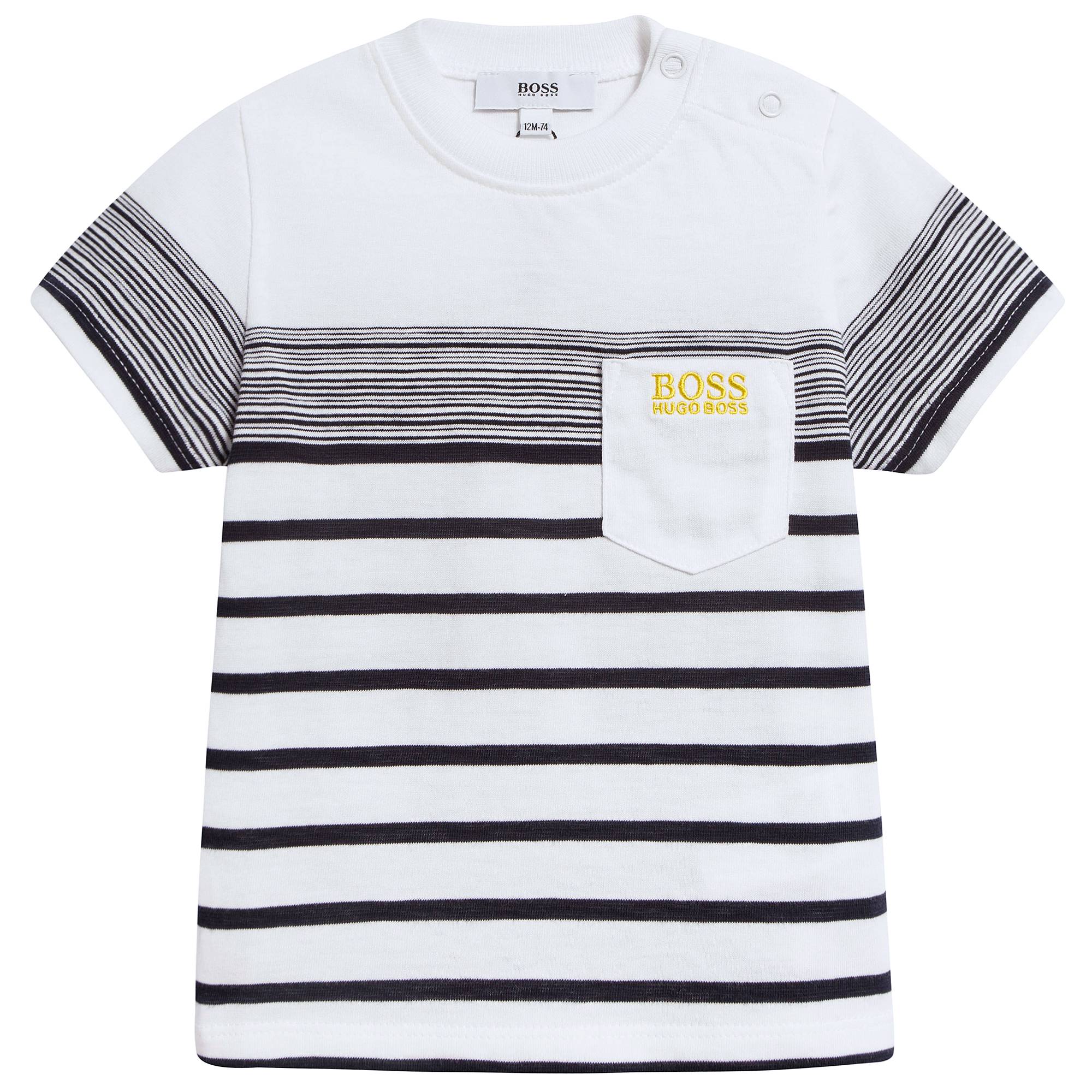 Baby Boys White & Black Striped Cotton T-shirt