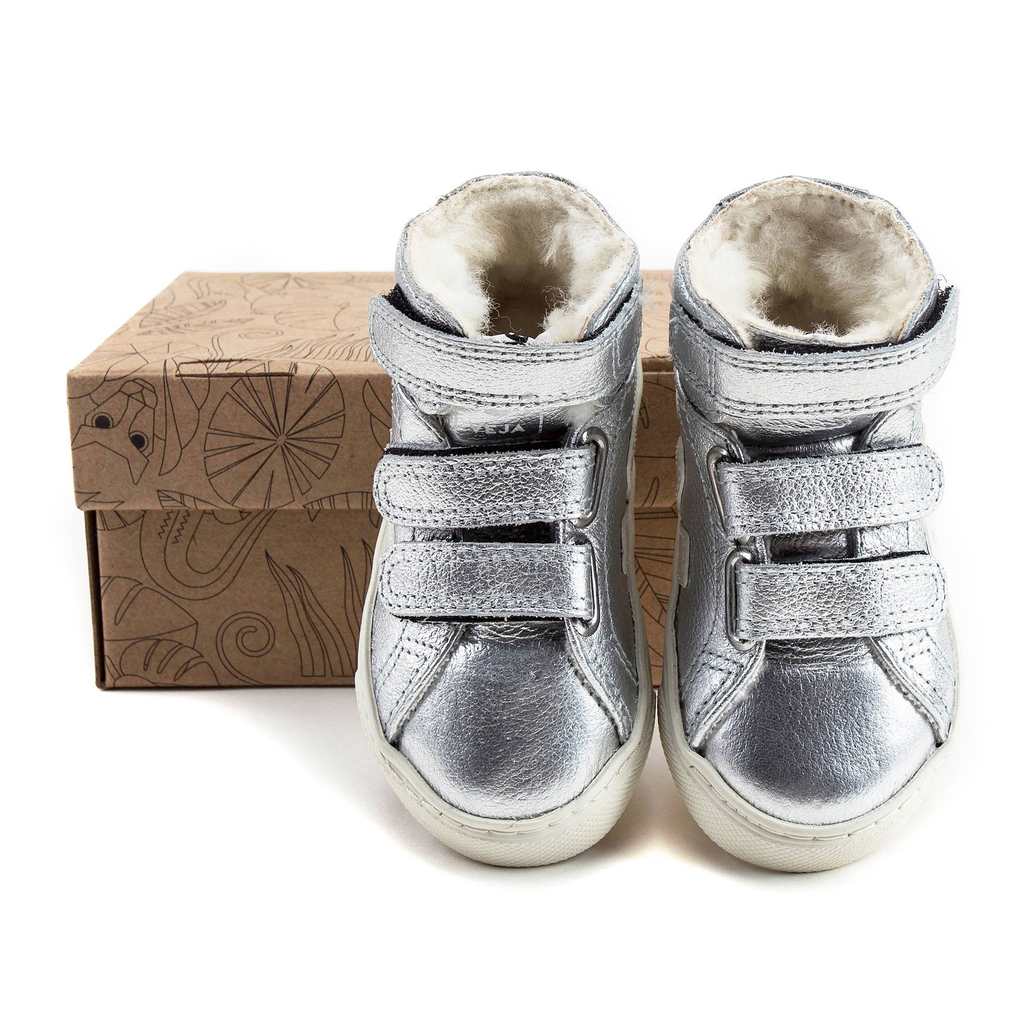 Boys & Girls Silver Velcro Leather Shoes With Fur