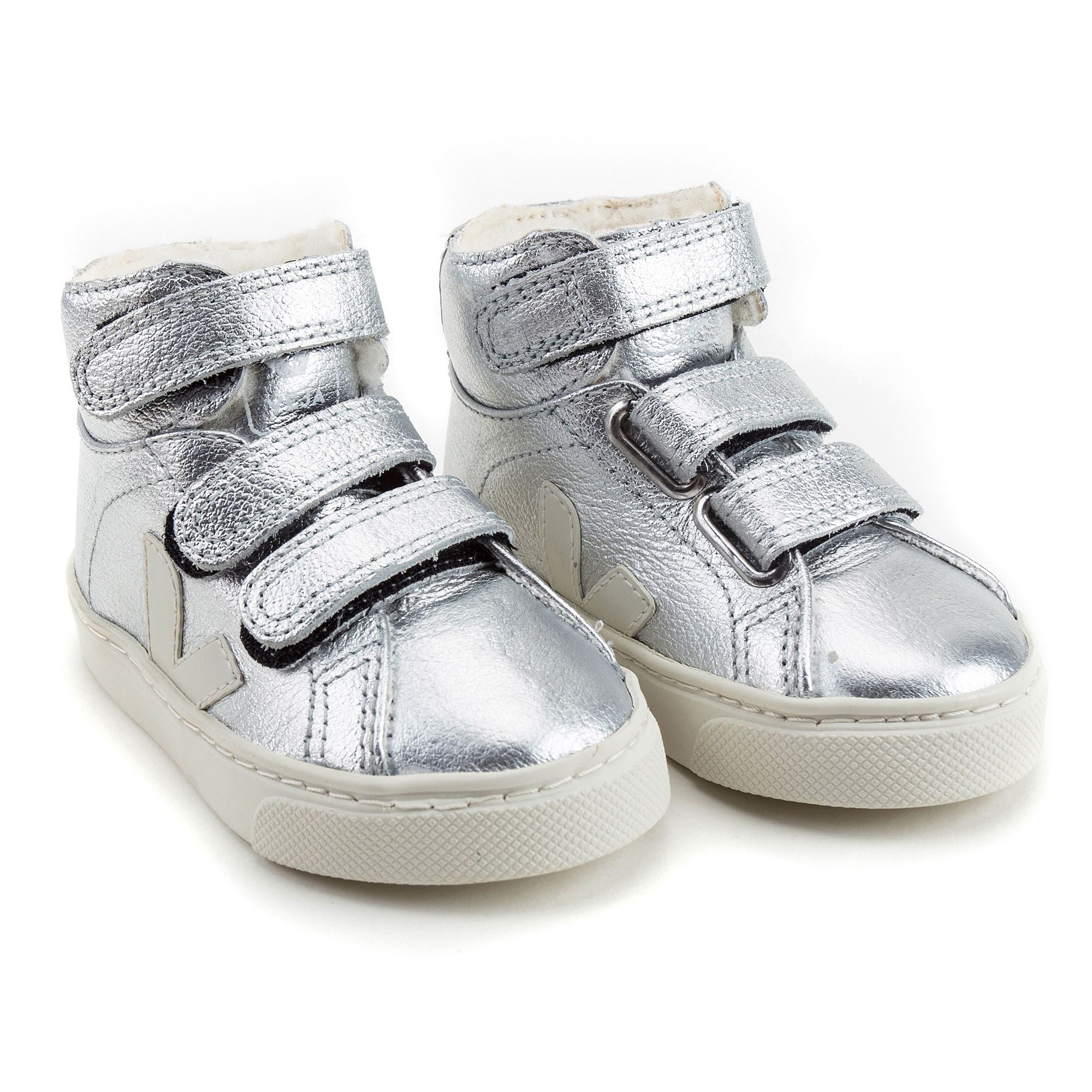 Boys & Girls Silver Velcro Leather Shoes With Fur