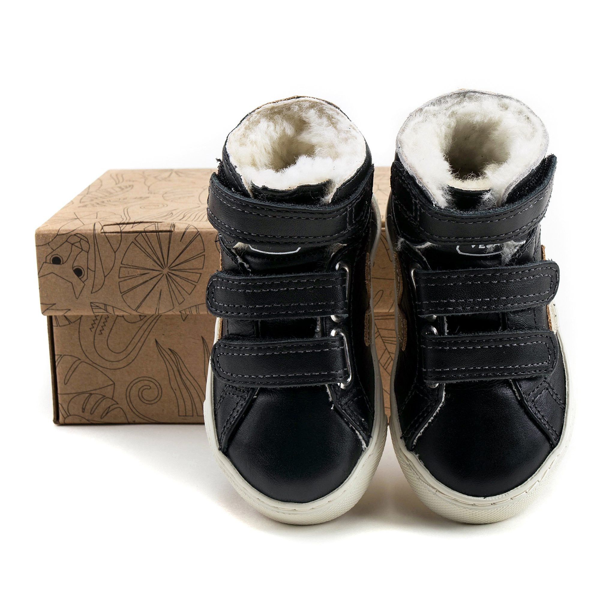 Boys & Girls Black Velcro Leather Shoes With Fur