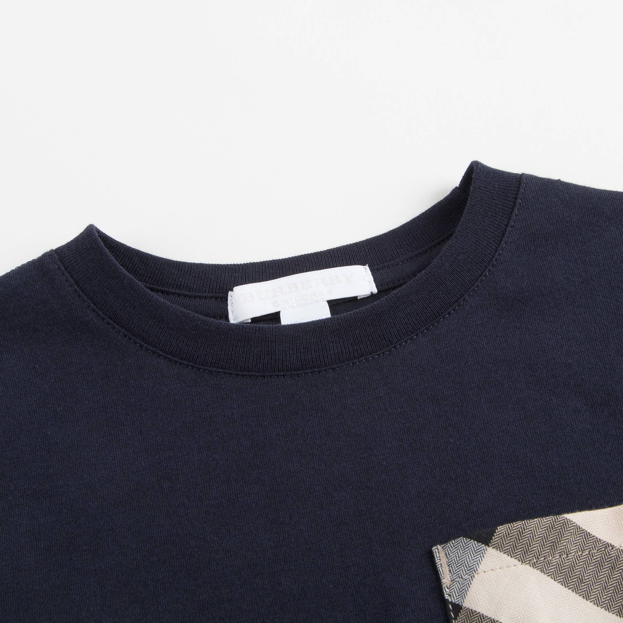 Boys Navy Blue Cotton T-shirt With Check Trim