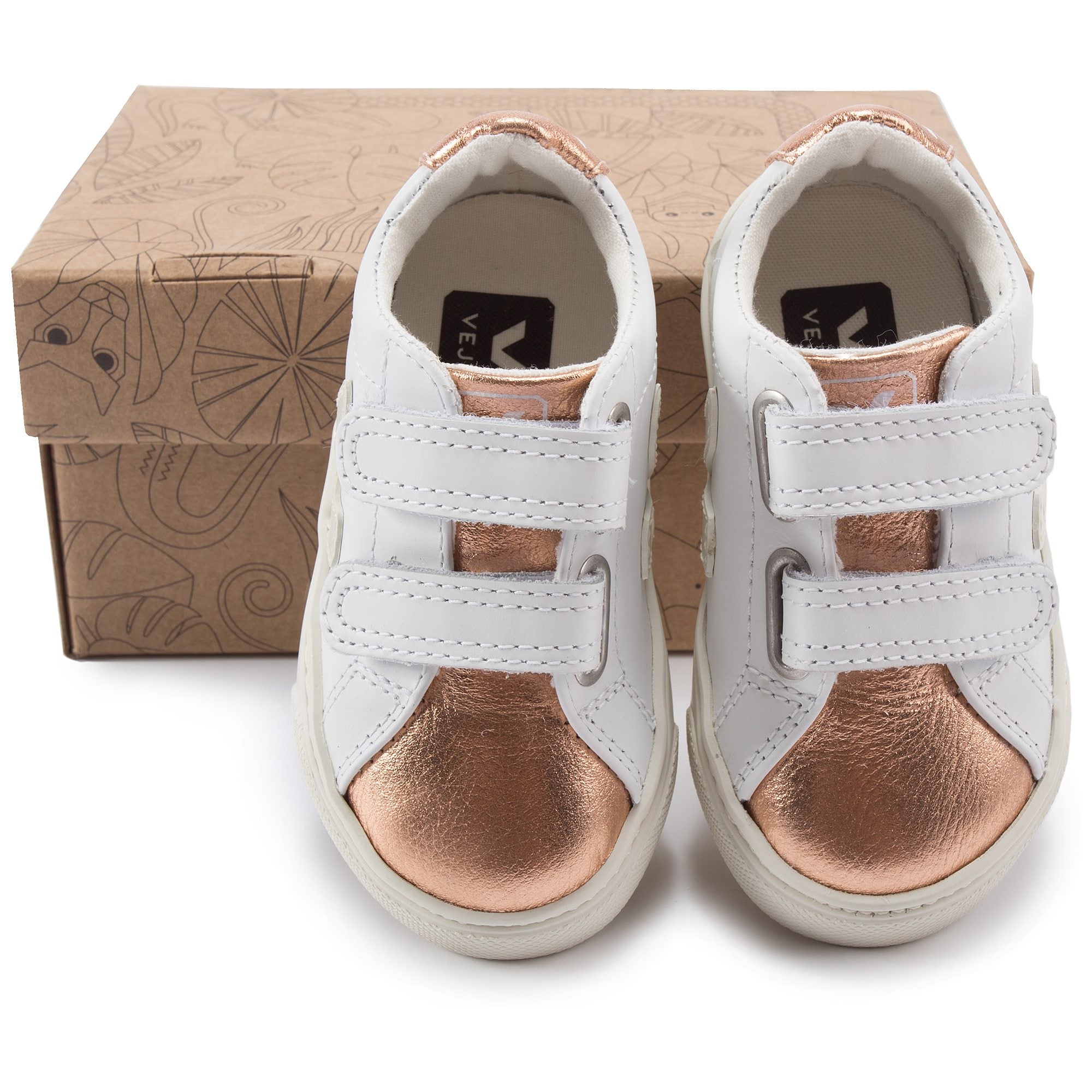 Girls White Leather Velcro With White "V" Shoes