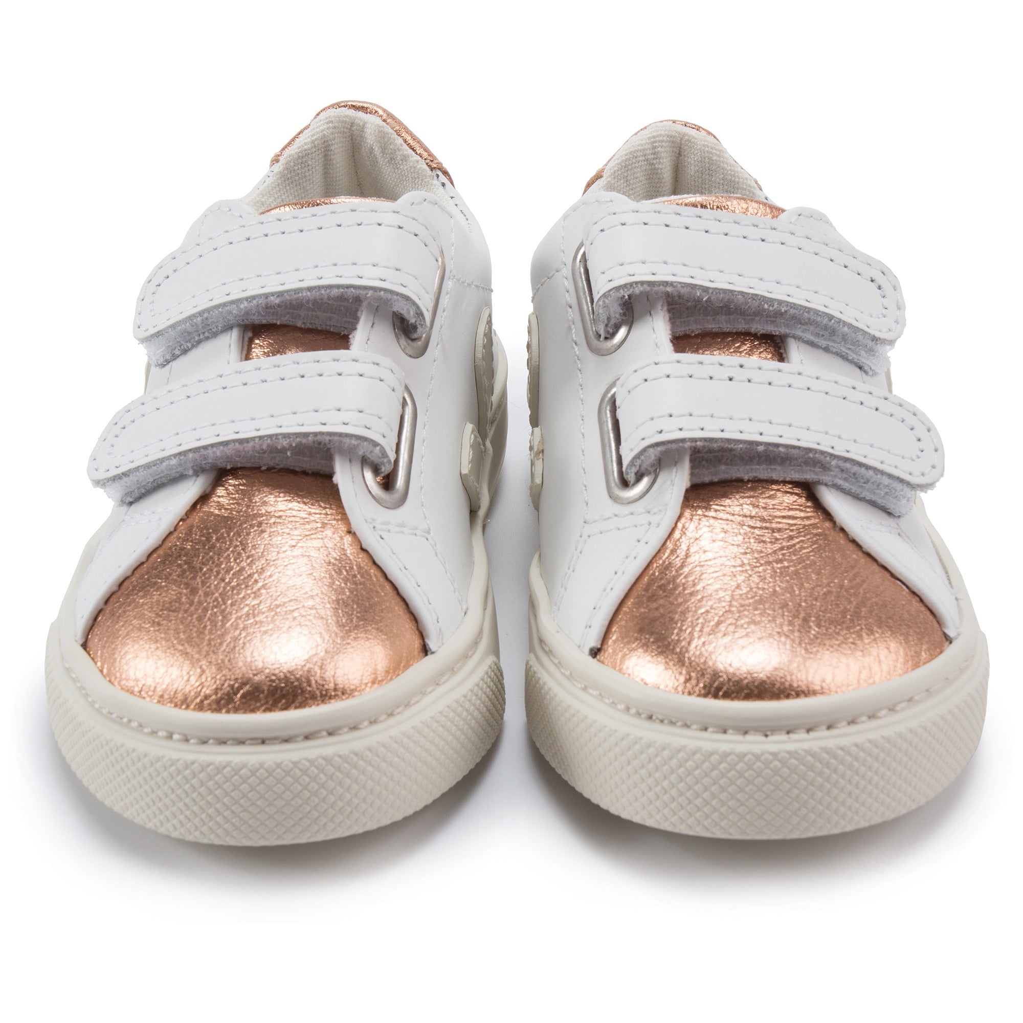 Girls White Leather Velcro With White "V" Shoes