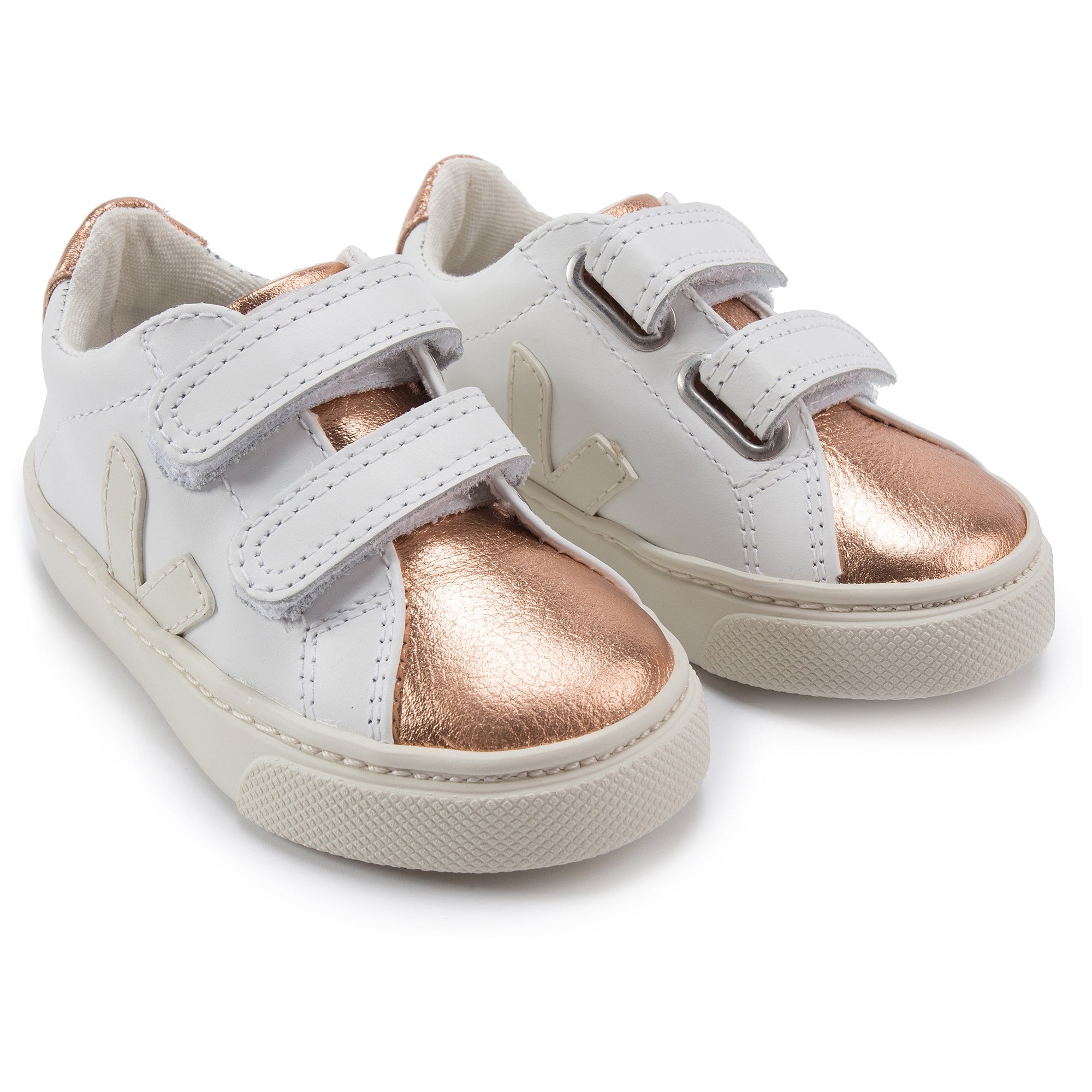 Girls White Leather Velcro With White "V" Shoes