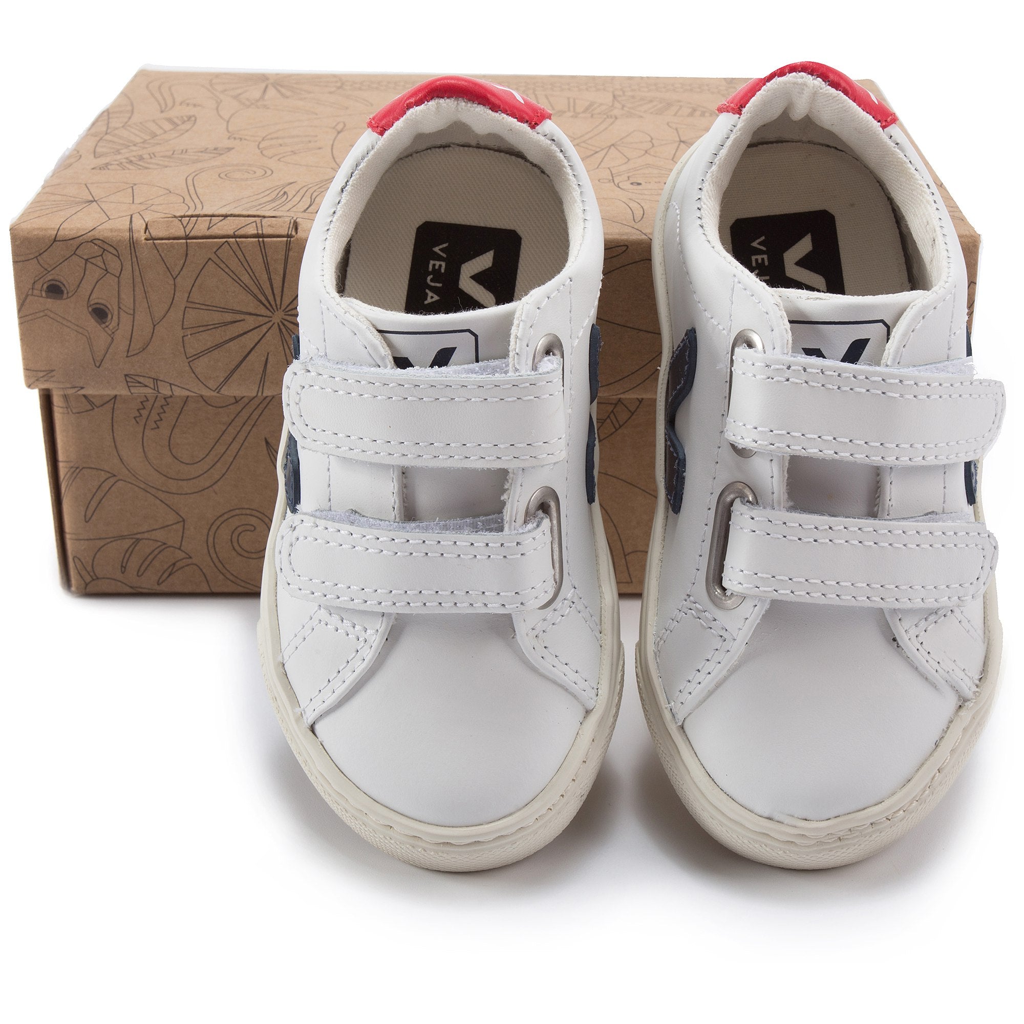 Girls & Boys White Leather Velcro With Blue "V" Shoes