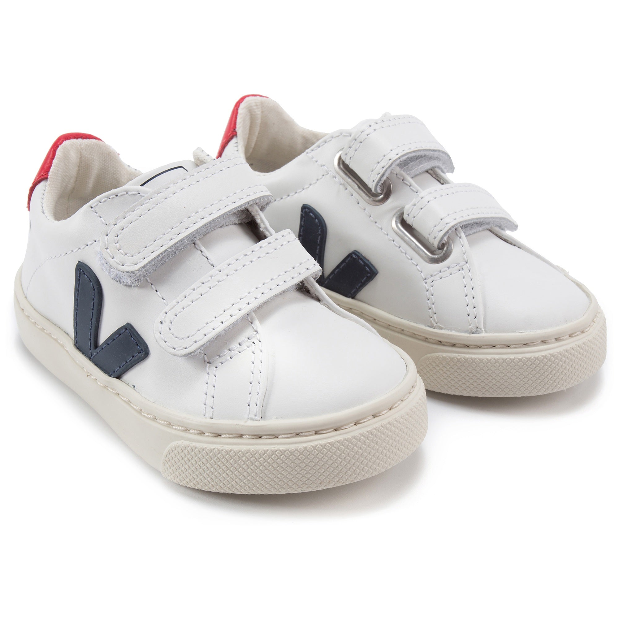 Baby White Leather Velcro With Blue "V" Shoes
