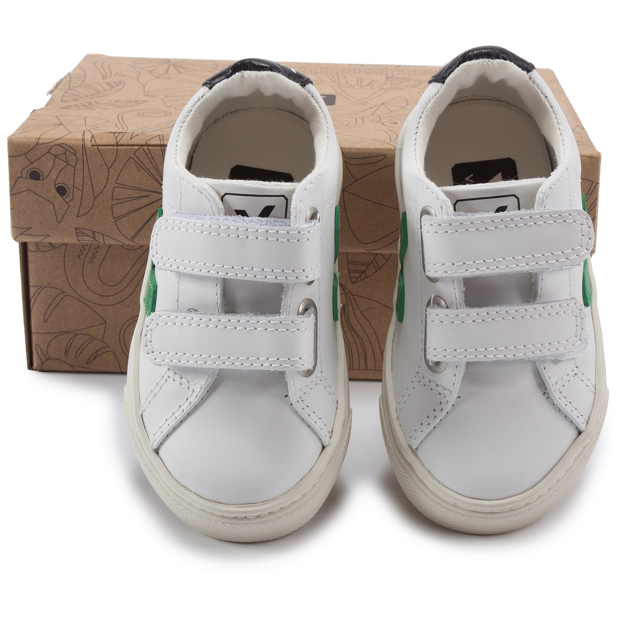 Girls & Boys White Leather Velcro With Green "V" Shoes