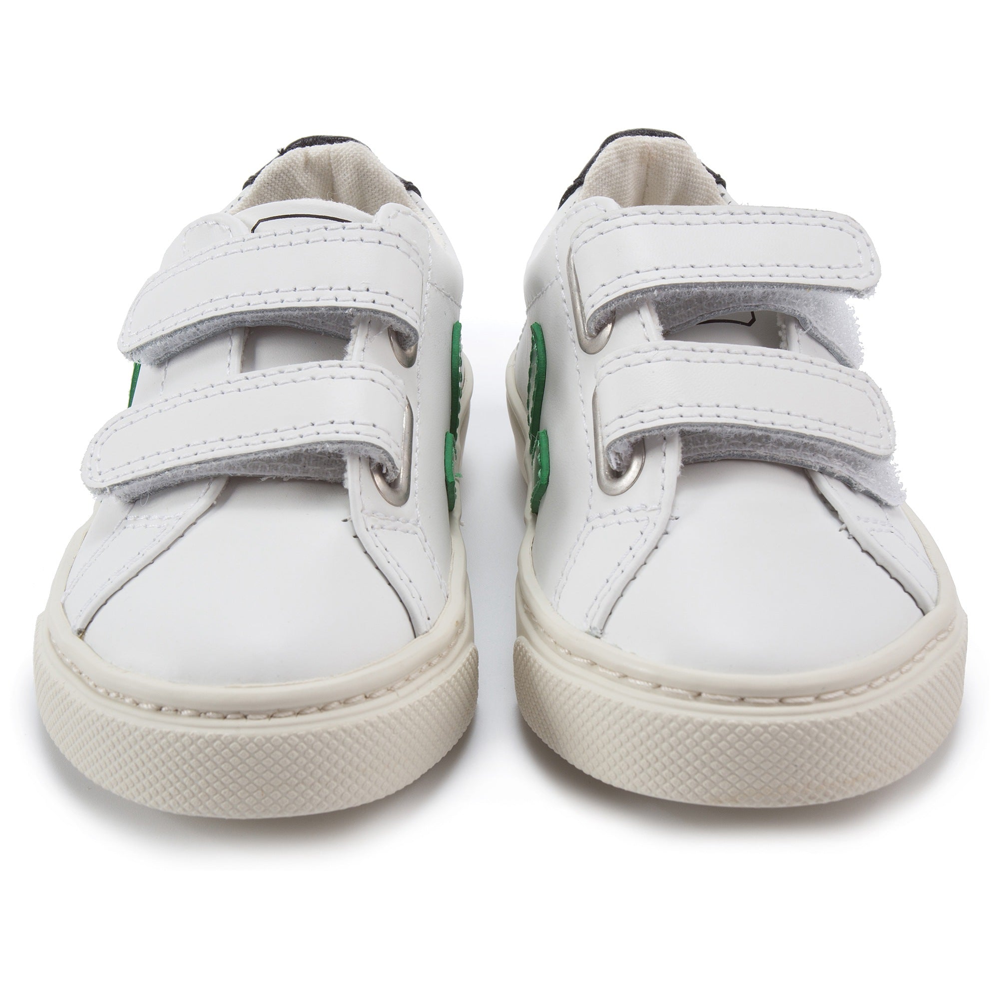 Girls & Boys White Leather Velcro With Green "V" Shoes
