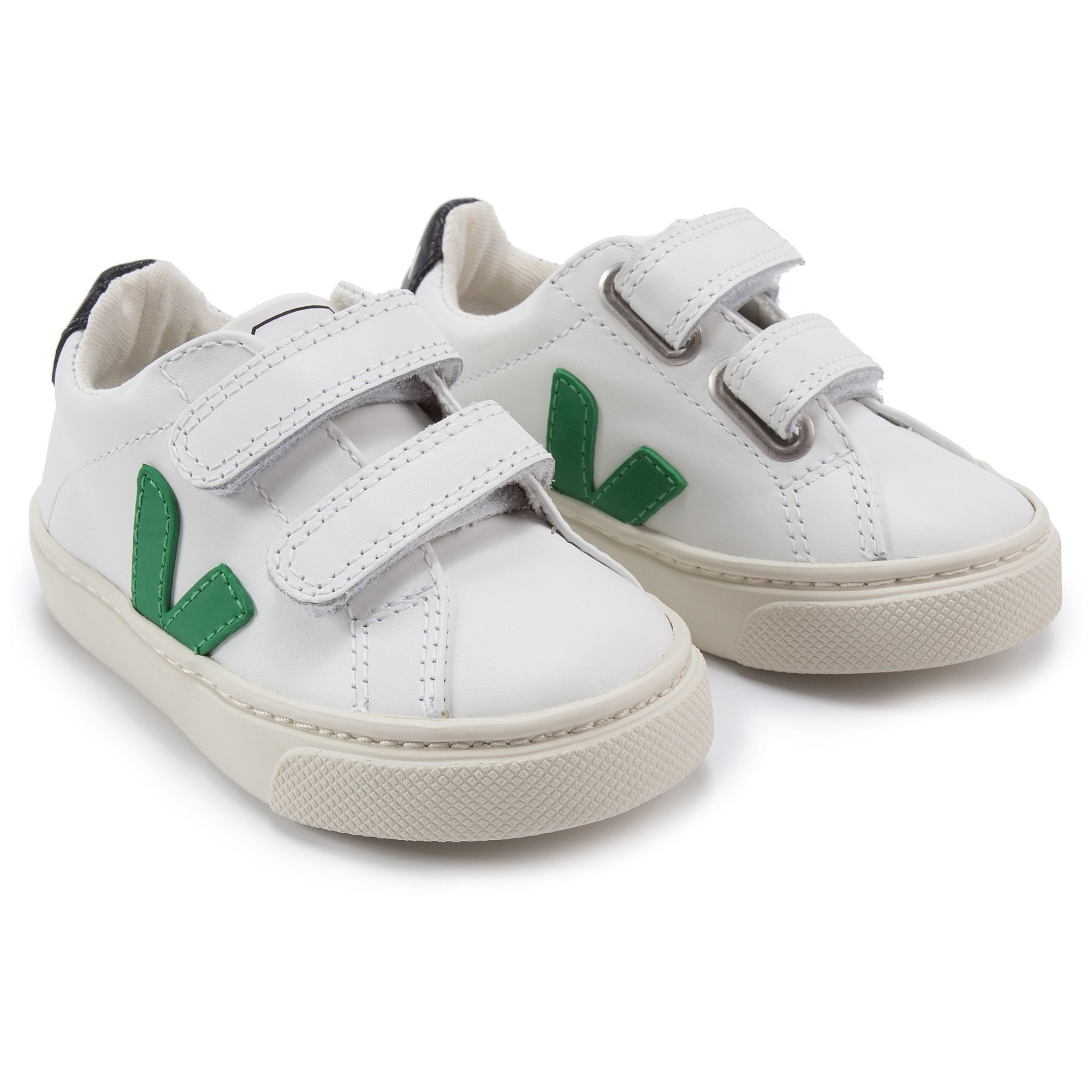 Baby White Leather Velcro With Green "V" Shoes