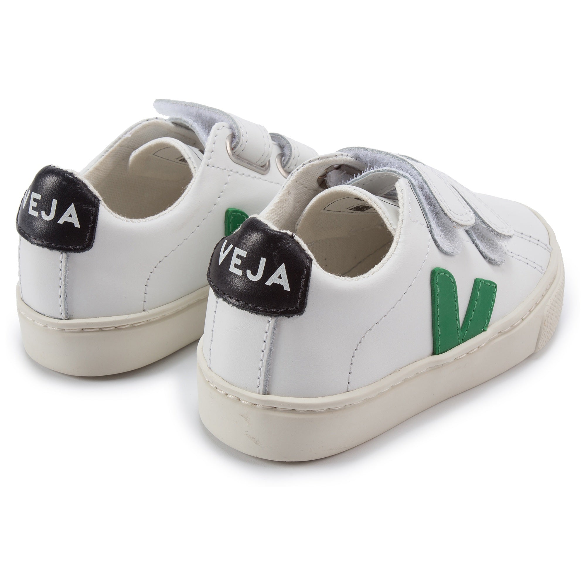 Girls & Boys White Leather Velcro With Green "V" Shoes